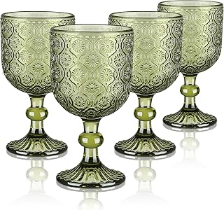 Joeyan 350ml Vert Verres &agrave; Vin Rouge Vintage,Lot de 4 Color&eacute;s Verre a Pieds Relief en Florale, Design Baroque R&eacute;tro Gobelets Eau pour Boire Boissons Jus apero aperitif, Passe au Lave-Vaisselle