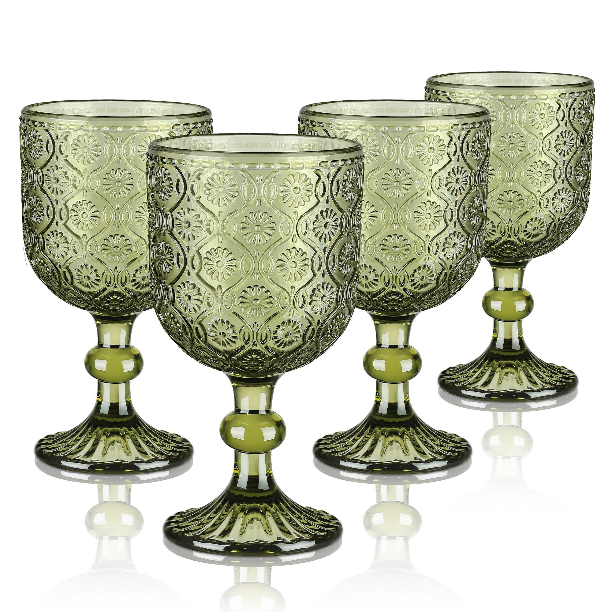 Joeyan 350ml Vintage Weingläser Grün, Blütenrelief Kelche mit Stiel, Weinkelche Landhausstil für Saft Getränke,Bunt Rotweingläser Weißweingläser Trinkgläser mit Fuß,Set von 4,Spülmaschinenfest