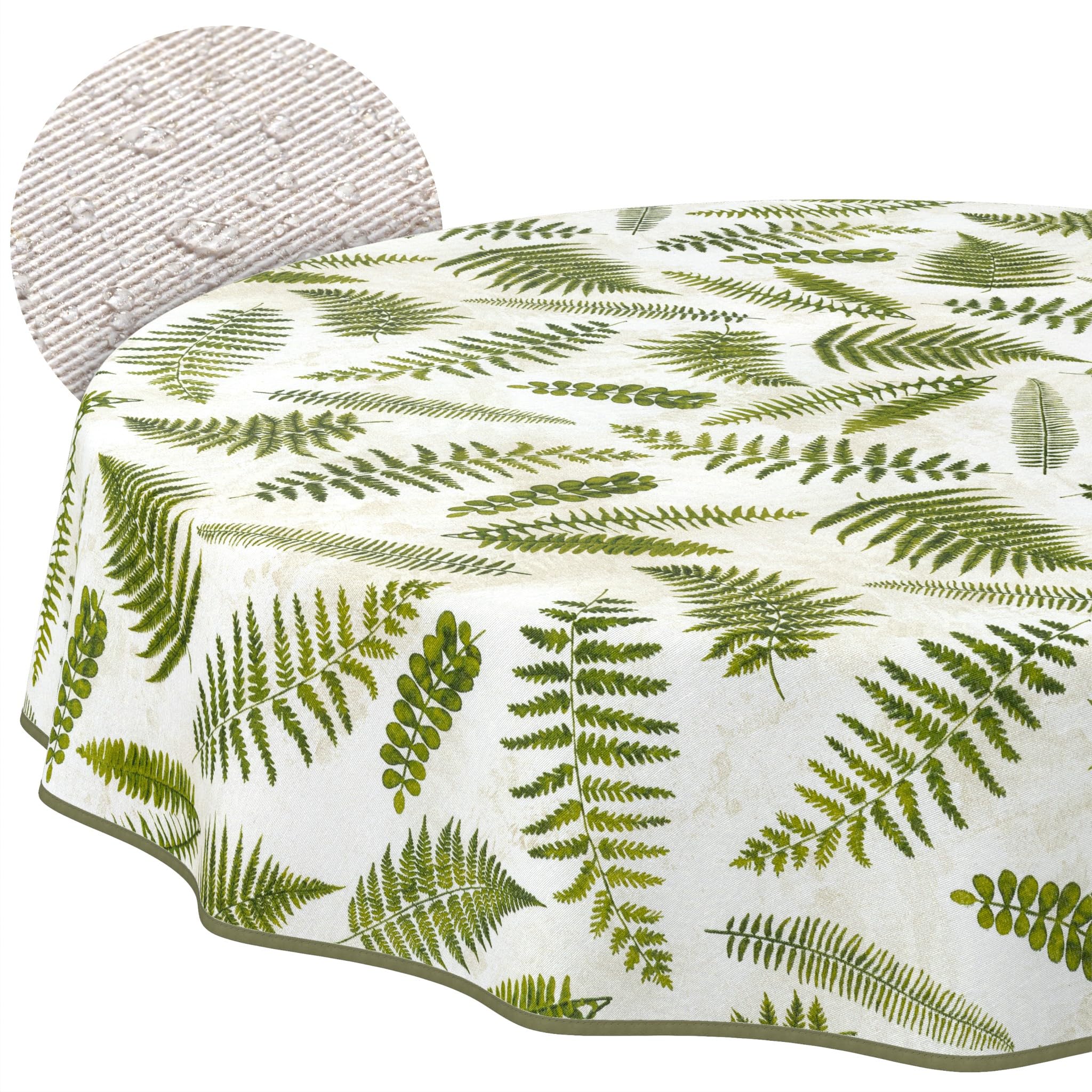 ANRO Washable Tablecloth Fern Round 140 cm - Water Resistant Indoor Outdoor Lotus Effect with Hem