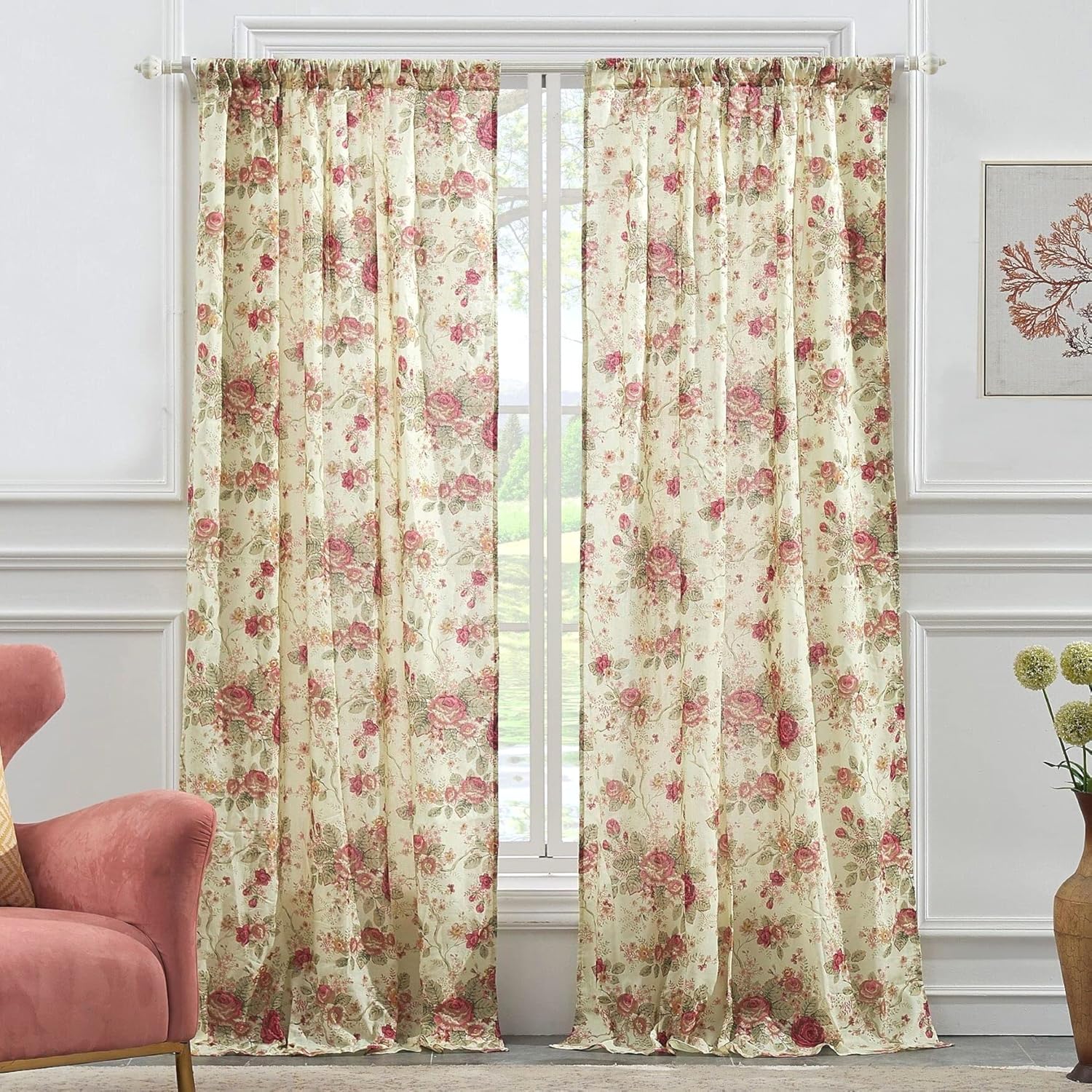Finely Stitched Cottage Romantic Floral Roses Print Pattern Cream Yellow Rod Pocket Window Curtains Panels Pair 84 Length Set of 2