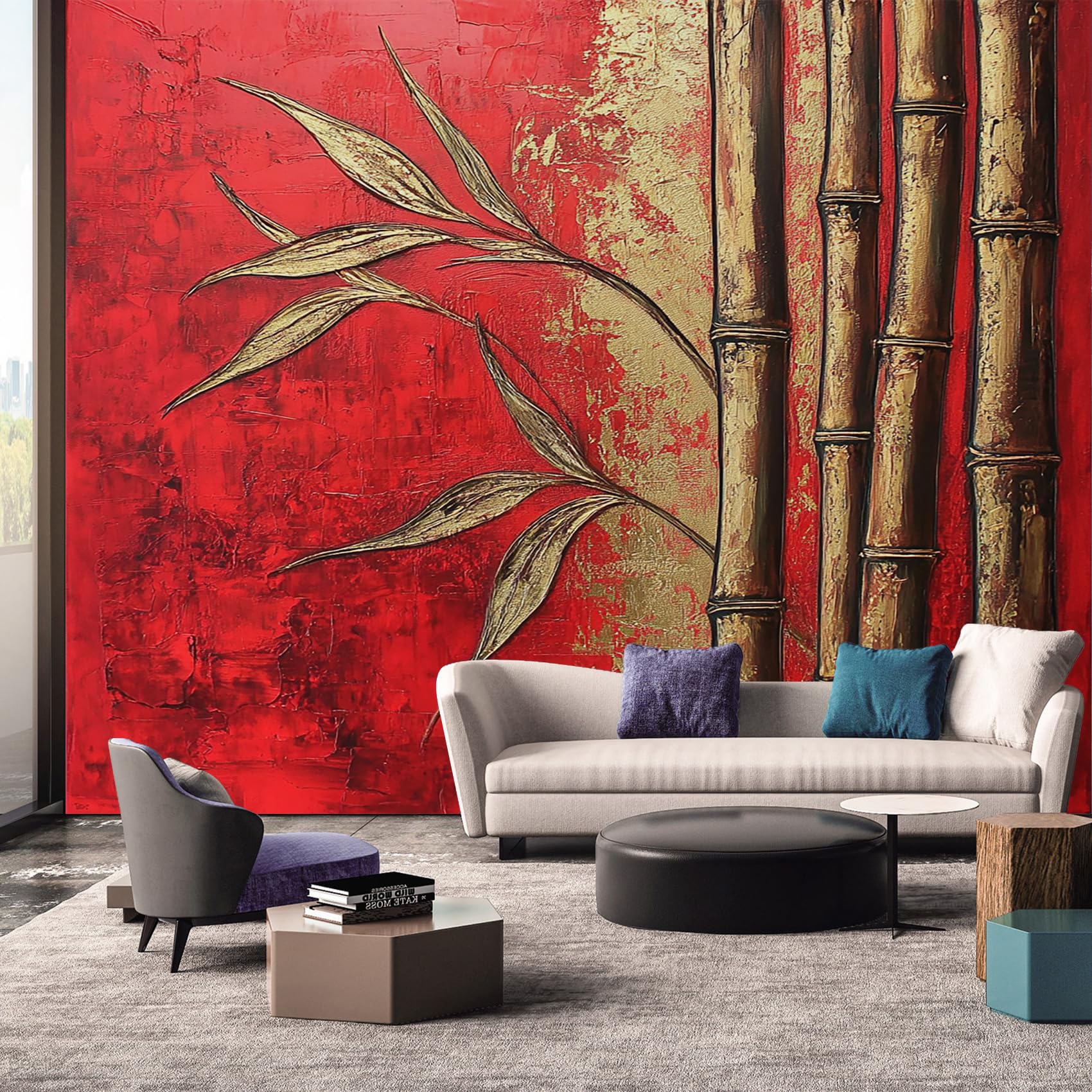 Japanese Wallpaper, Vintage Red Gold Leaf Mural Wallpaper, Japanese Room Decor Wall Art for Living Room Bedroom Kitchen 500L x 280W cm