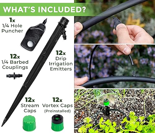 Miniatura 5 de CARPATHEN Emisores de riego por goteo – 12 cabezales de riego por goteo para tubos de riego por goteo de 1/4 de pulgada + tubo de riego por goteo de