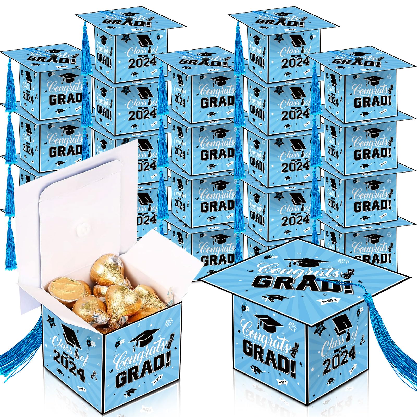 24 Stück Hellblaue Geschenkboxen Für Abschlussfeiern – Süßigkeitenbox Mit Congrats-Grad-Aufdruck