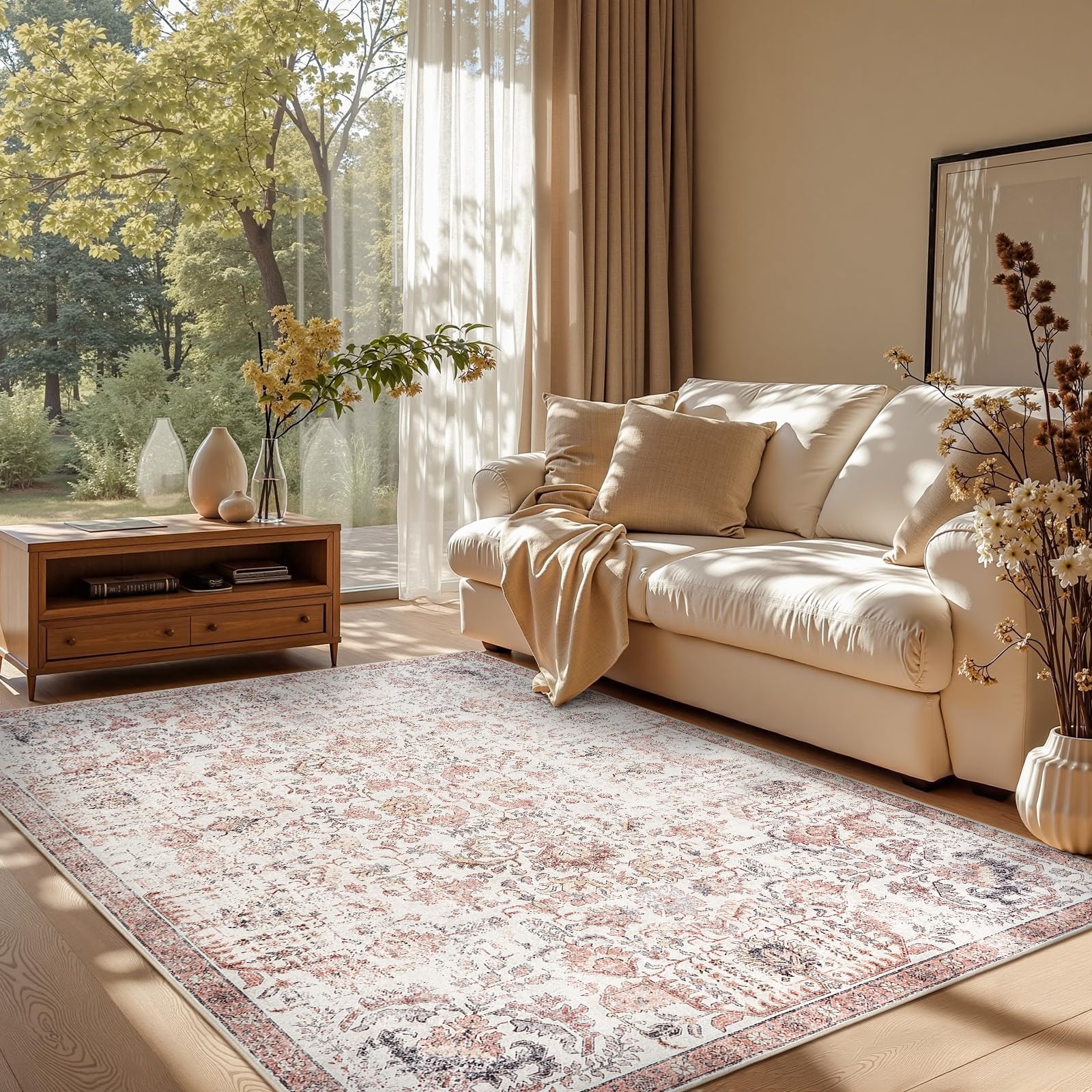 jinchan Kalen Area Rug 5x7 Washable Living Room Rug Vintage Indoor Floor Cover Retro Accent Mat Distressed Floral Country Boho Non Slip Thin Carpet