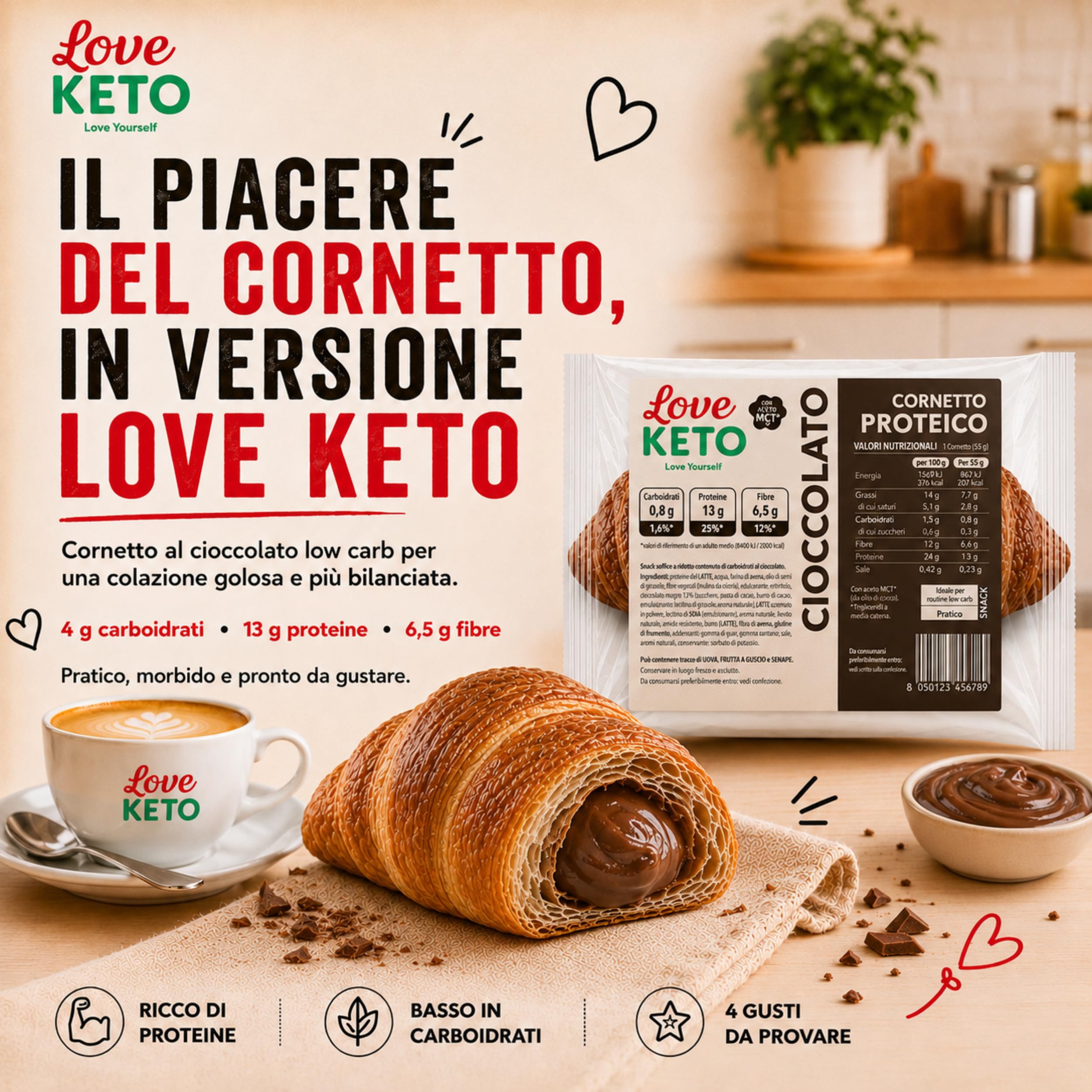 Cornetti proteici low carb ripieni al cioccolato 20 confezioni da 50gr - Made in Italy