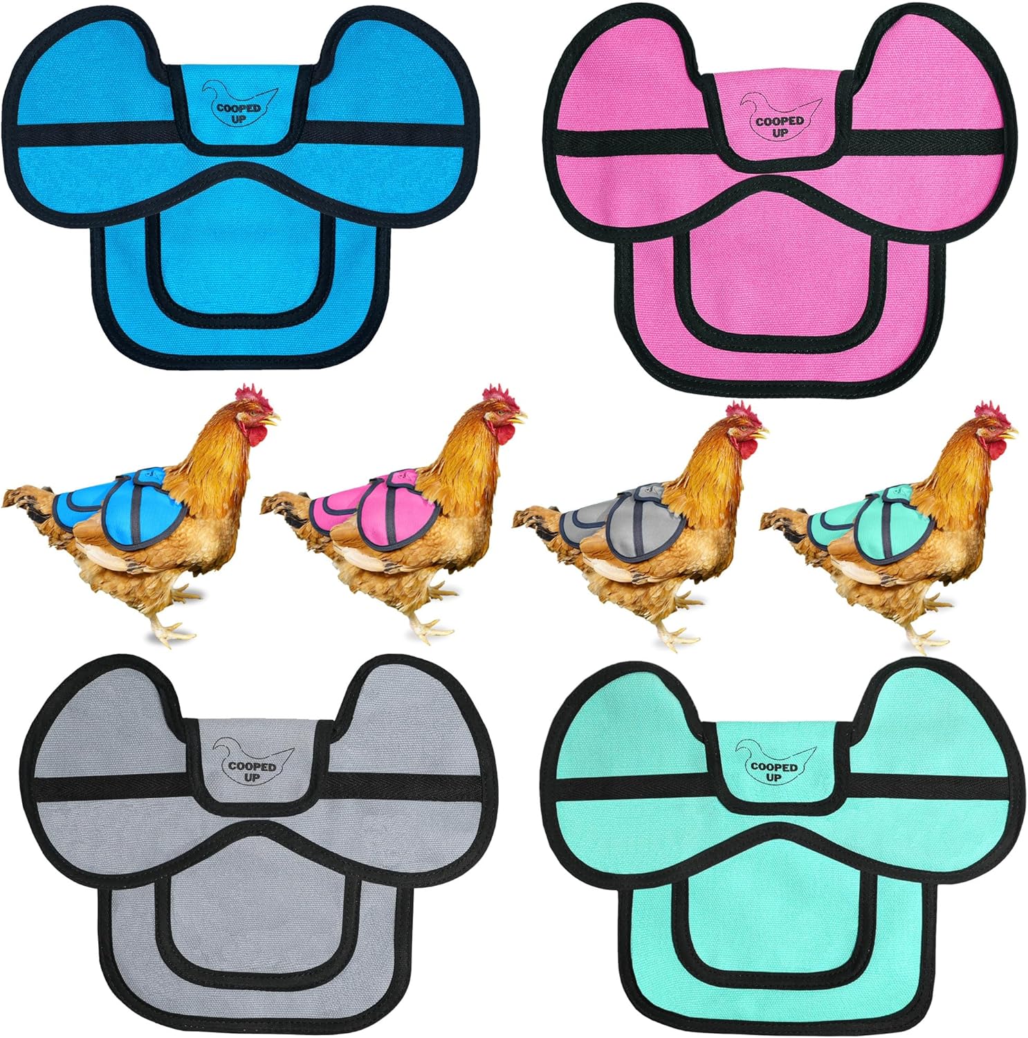 COOPED UP Canvas Chicken Saddle for Medium-Large Hens with Larger Wing Cover and Adjustable Straps - Variety, 4 Pack