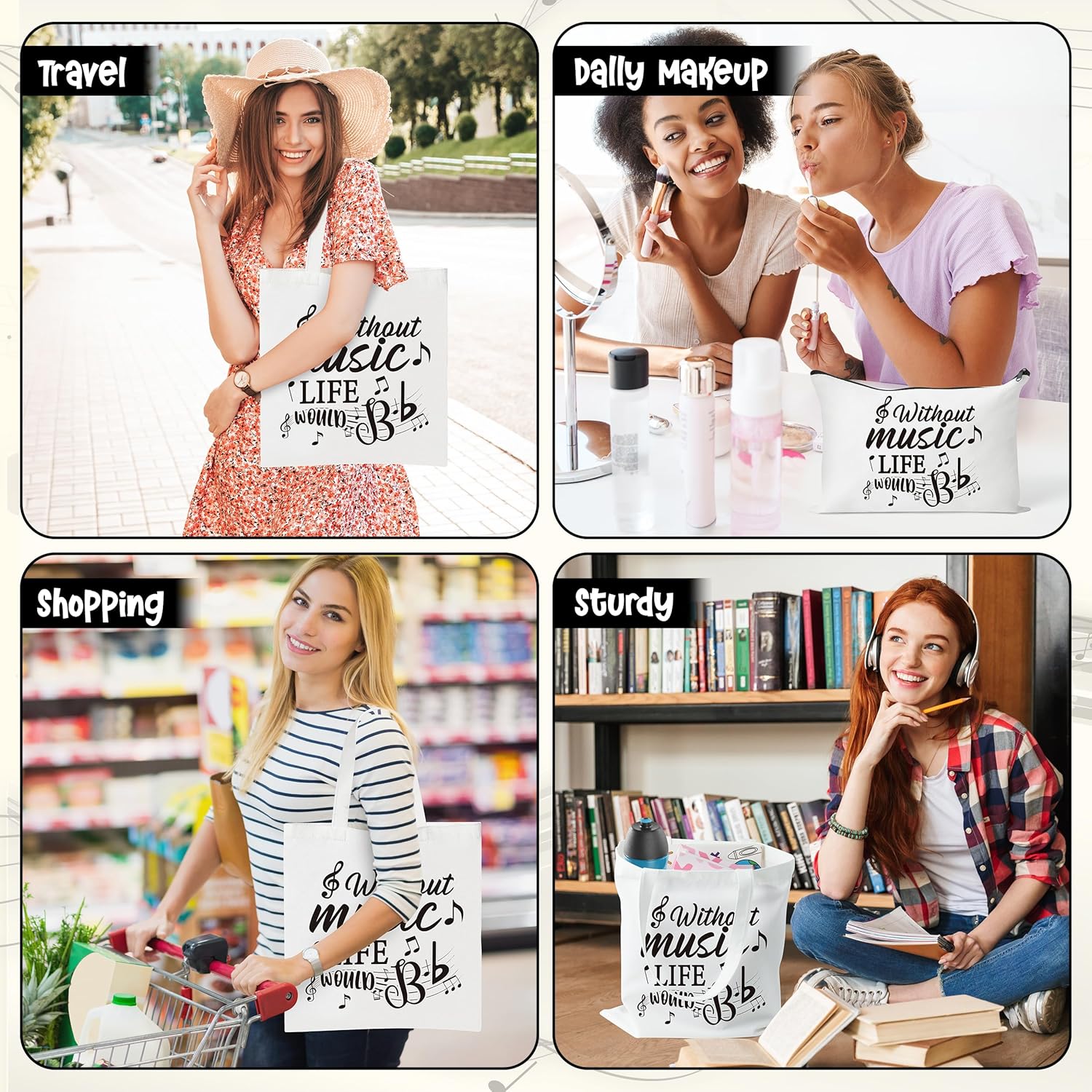 Y1tvei Black Music Canvas Bag - 2Pcs Musical Note Themed Reusable Grocery Shopping Handbag, Without Music Life Would B Flat Canvas Tote Bag Makeup Pouch, Recital Gift for Musical Lover Singer Musician - Image 2