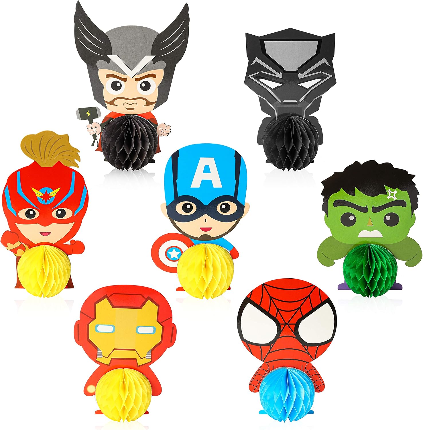 Ticiaga 7pcs Superhero Honeycomb Centerpieces, Table Topper for Birthday Party Decoration, Double Sided Cake Topper, Photo Booth Props, Superhero Party Supplies Mix of Captain, Spider Man, Thor, Iron