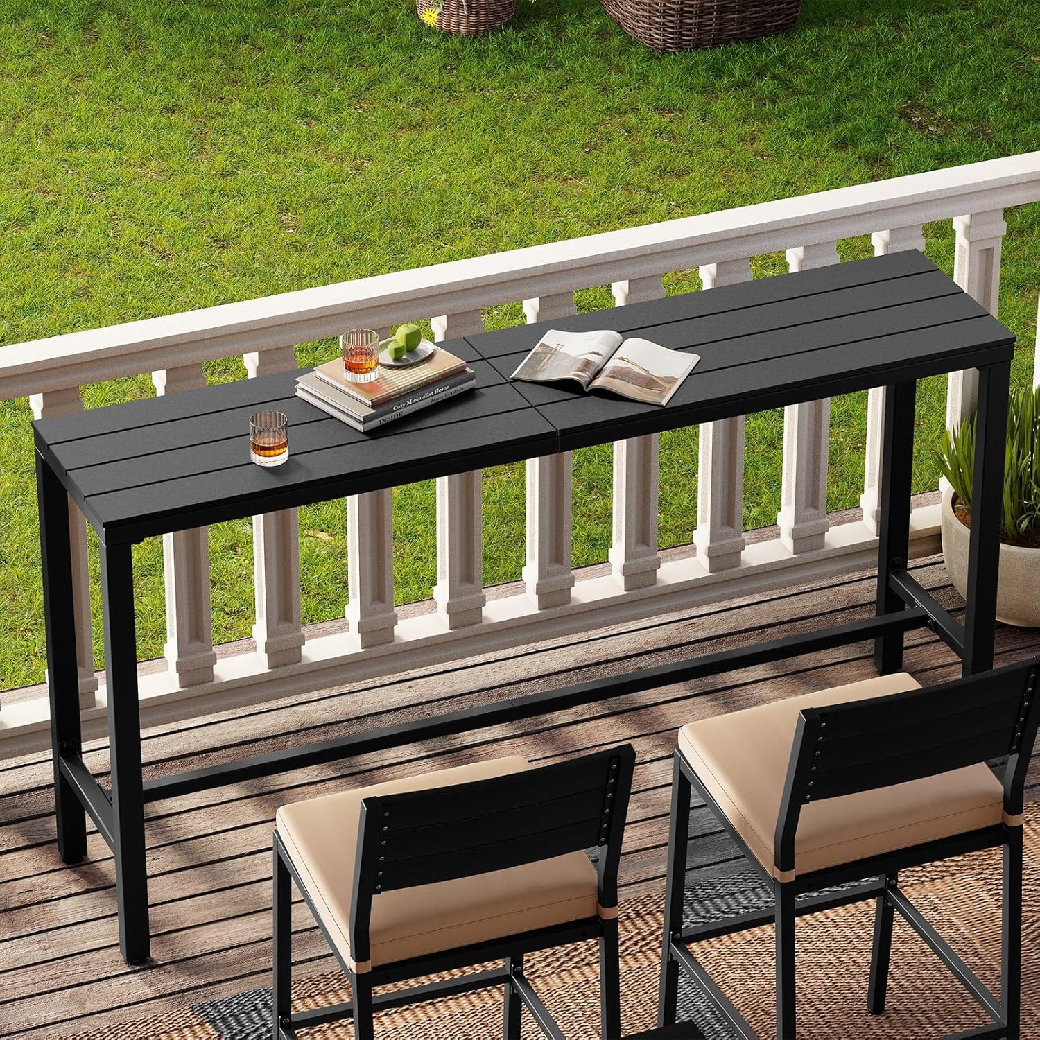 Crestlive Products Outdoor Bar Table, 63'' Rectangle Patio Counter Height Table High Pub Table with Waterproof Top and Sturdy Metal Frame for Balcony, Bistro, Garden, Backyard, Hot Tub (Black)