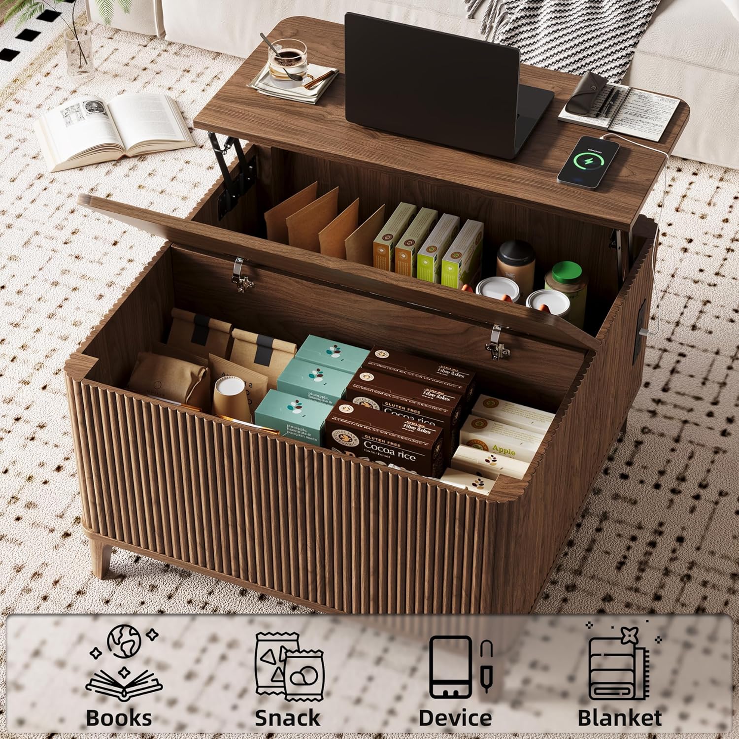 31.4" Square Coffee Tables for Living Room, Fluted Lift Top Coffee Table with Storage, Mid Century Modern Center Table, Giratree Stand Up Coffee Table for Home Living Room Office