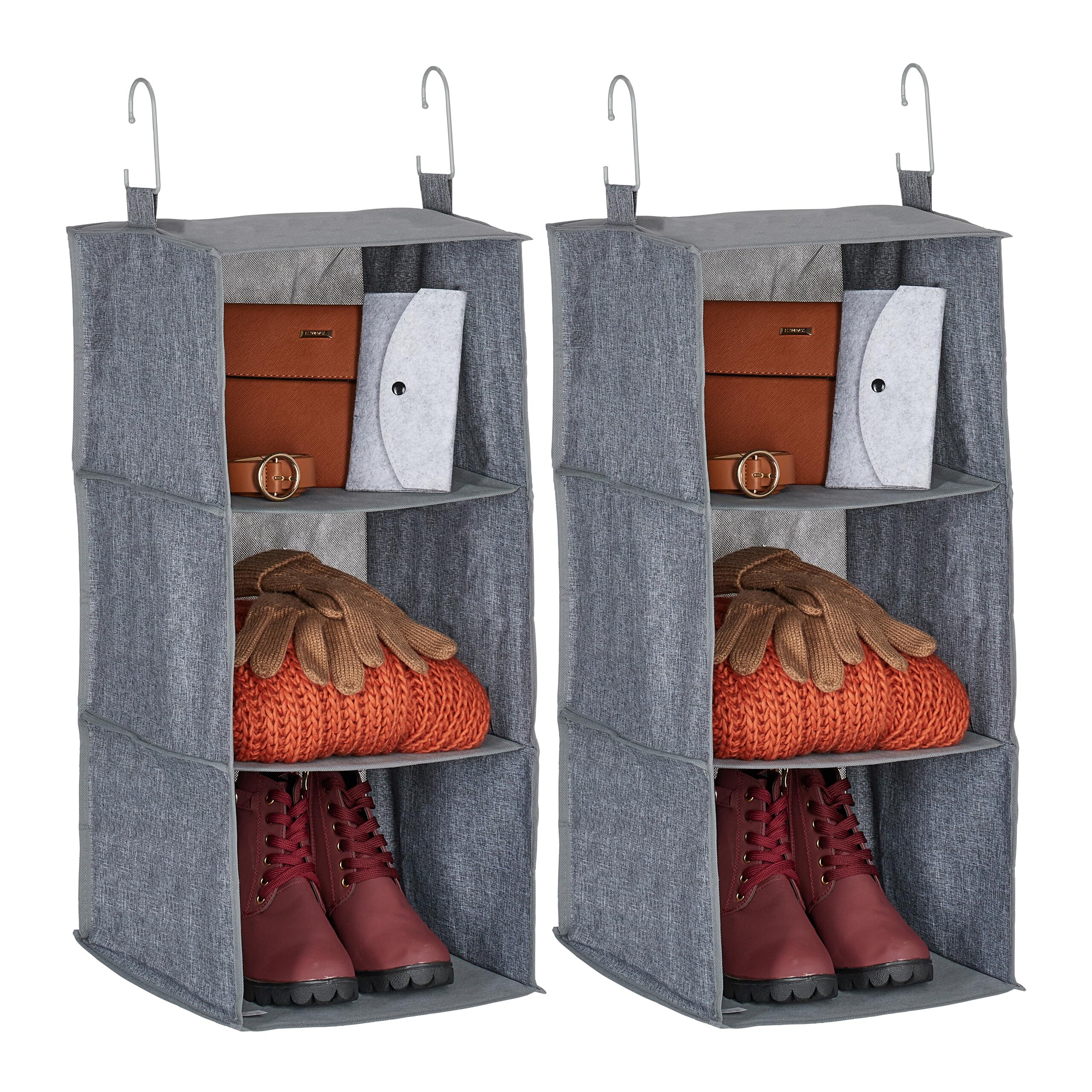 Relaxdays Set 2 Organizadores Colgantes Armario, 3 Compartimentos, Tela, 73x30x30 cm, 2 Ganchos, Almacenaje Burro, Gris | Dimensiones: 73 x 30 x 30 cm, 2 ganchos cada uno