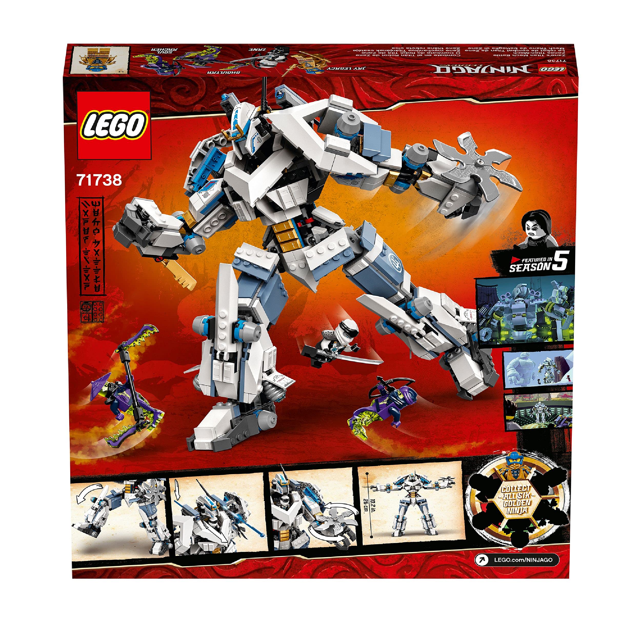 LEGO 71738 NINJAGO Legacy Zanes Titan-Mech, Ninja-Spielzeug zum Bauen mit 4 Minifiguren, darunter Jay als goldene Figur und 2 Geisterkämpfer, bewegliche Actionfigur