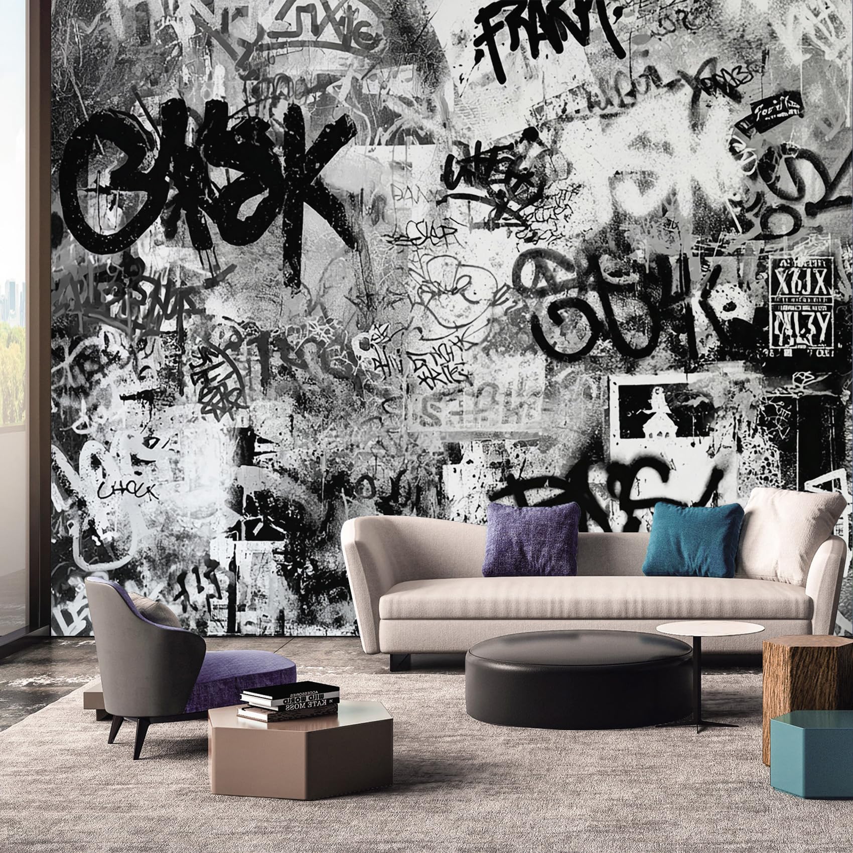 Graffiti Wallpaper, Abstract Art Black White Wallpaper Murals, Graffiti Room Decor Wall Art for Bedroom Kitchen Living Room 130L x 80W cm