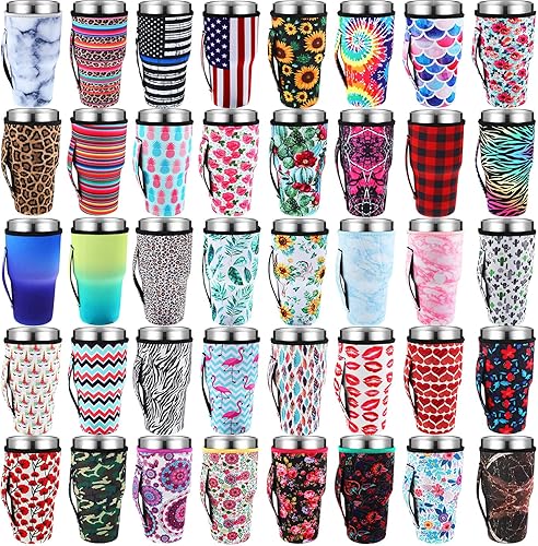 CHENGU 40 fundas reutilizables para taza de café helado con asa, cubierta de vaso de neopreno aislada para bebidas frías y calientes de 30 a 32 onzas