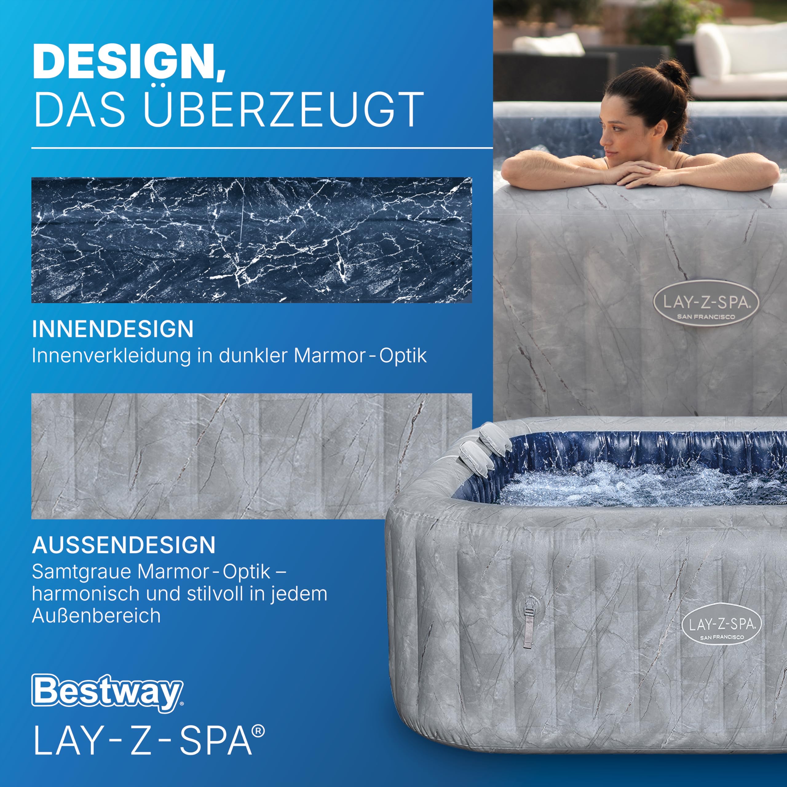 Bestway® Lay-Z-SPA® Energiespar-Whirlpool San Francisco HydroJet Pro™ mit App-Steuerung, für 7 Personen 230 x 230 x 71 cm, Marmor-Optik (Samtgrau)