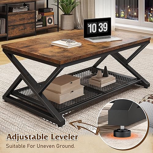 Miniatura 5 de EnHomee Mesa auxiliar con almacenamiento, mesas de centro modernas para sala de estar con estante de malla, mesa central rectangular de 2 niveles