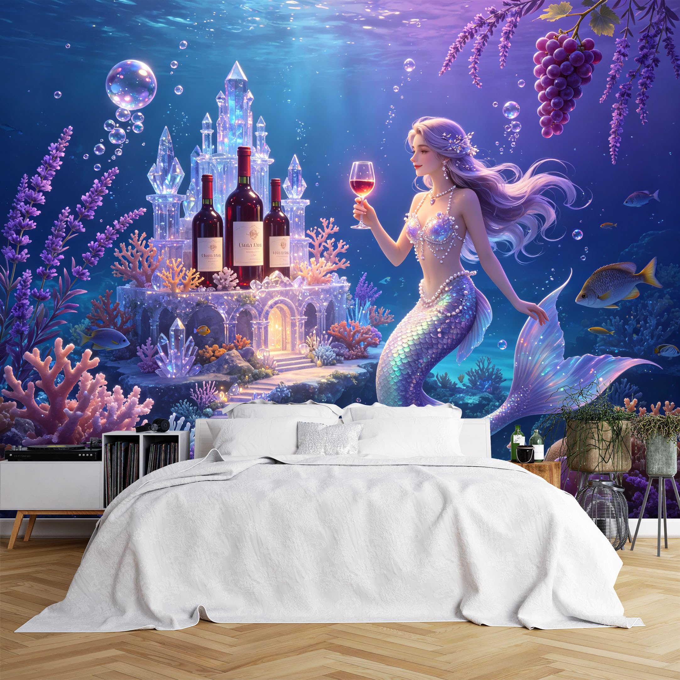Custom Size Wall Murals Underwater Mermaid with Wine and Crystal Castle Wallpaper, Wall Stickers Self-Adhesive Removable Wallpaper for Living Room, Kids Room