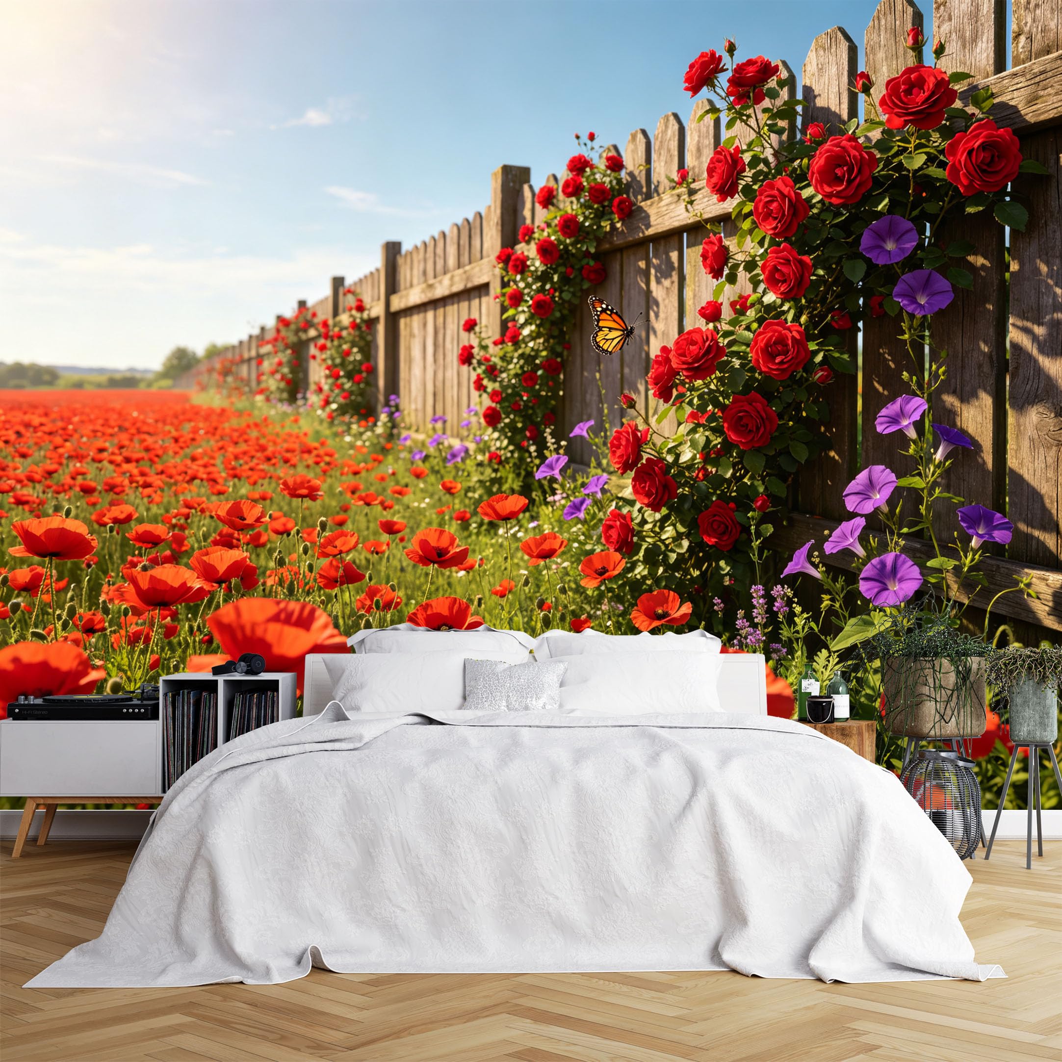 Lcythiazole Ch260615213 Custom Size Wall Murals Poppy Rose Fence Butterfly Sunny Floral Hd Self-Adhesive Wall Fabric (No Pvc) Removable Wallpaper For Entryway Room