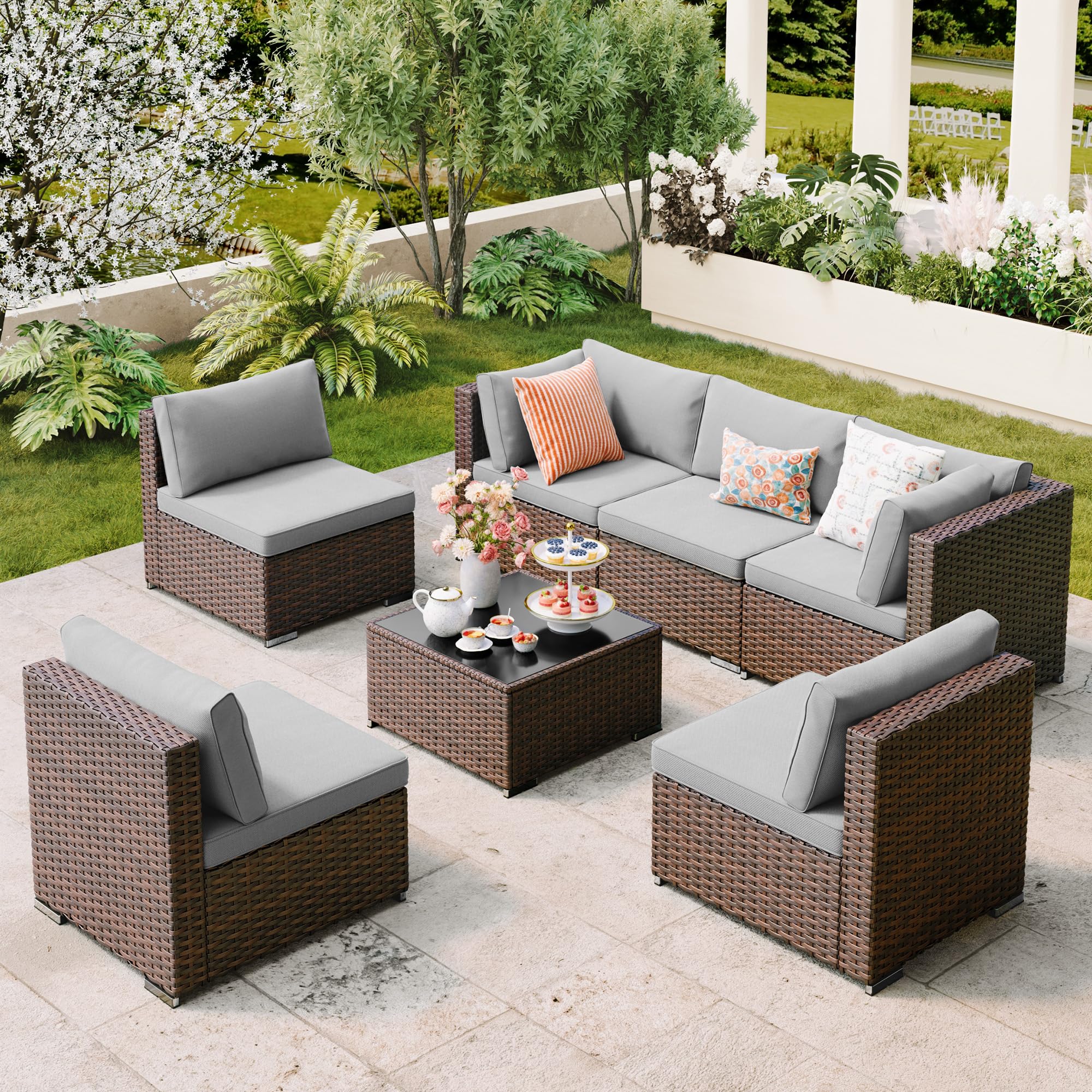 (INCOMPLETE 7 Pieces Outdoor Patio Furniture Set, PE Rattan Outdoor Wicker Sectional Furniture Sofa Set, with Cushions and Glass Coffee Table, for Balcony, Porch, Garden, Grey