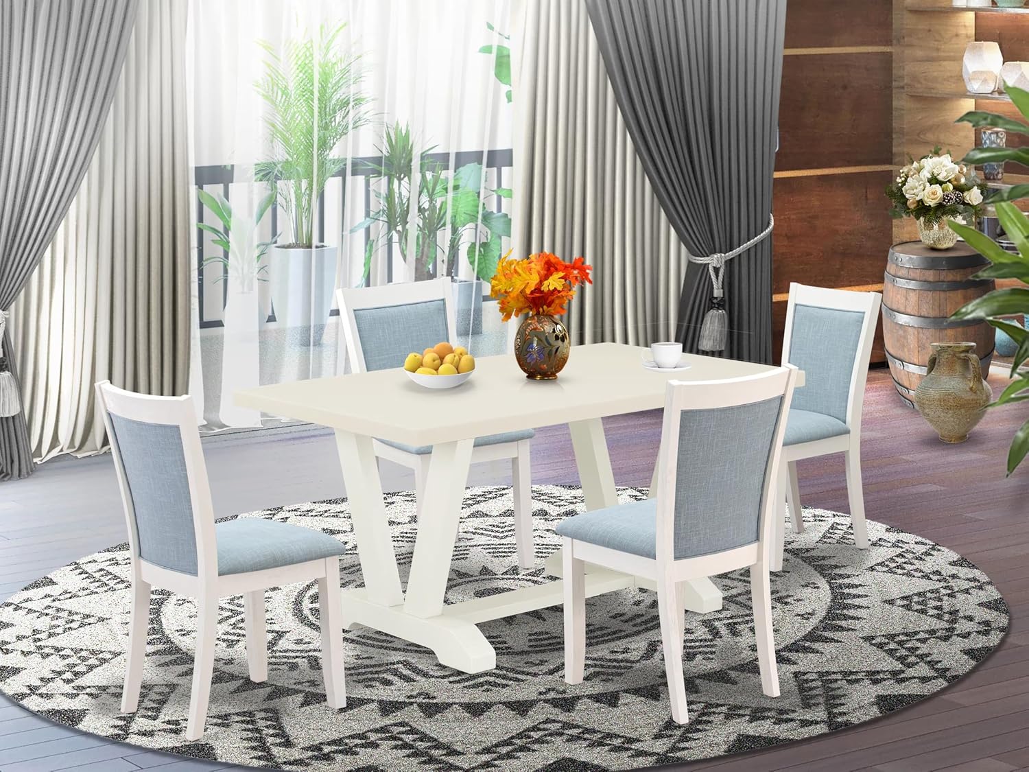 East West Furniture V026MZ015-5 5 Piece Kitchen Table & Chairs Set Includes a Rectangle Dining Room Table with V-Legs and 4 Baby Blue Linen Fabric Parson Chairs, 36x60 Inch, Multi-Color