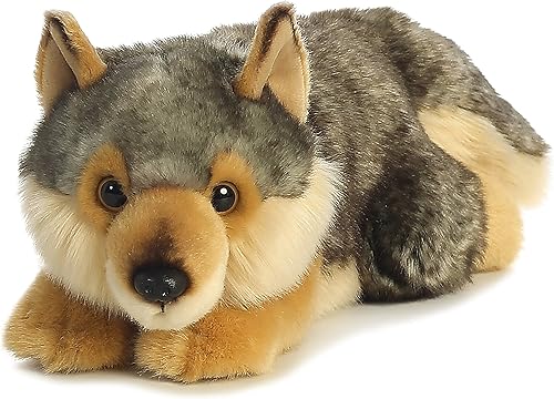 Aurora® Adorable lobo echado de peluche Miyoni®, detalle realista, compañía entrañable, gris, 11 pulgadas