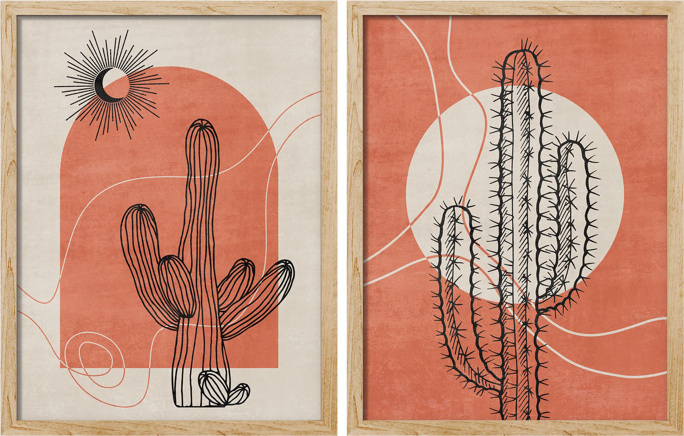 SIGNWIN Framed Cactus Abstract Geometric Wall Art, Set of 2 Mid-Century Desert Landscape Texas Saguaro Wall Decor Prints, Nature Wilderness Wall Décor