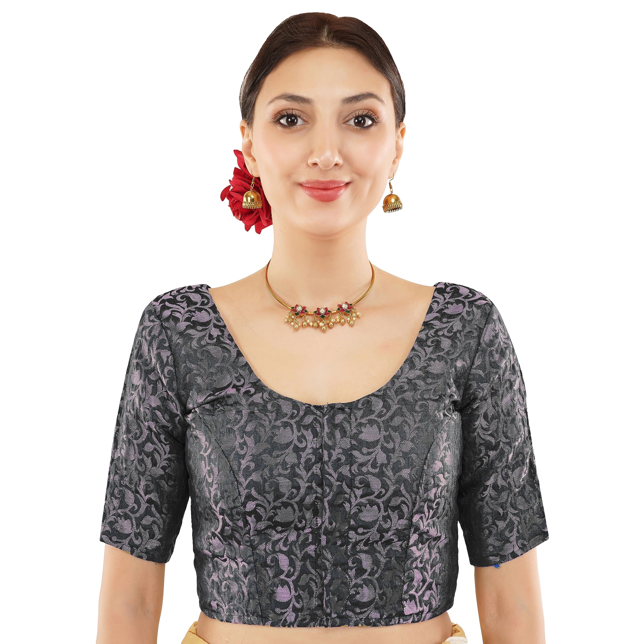The Flying Tree Womens Brocade Non-Padded Half Sleeve U Shape Readymade Saree Blouse