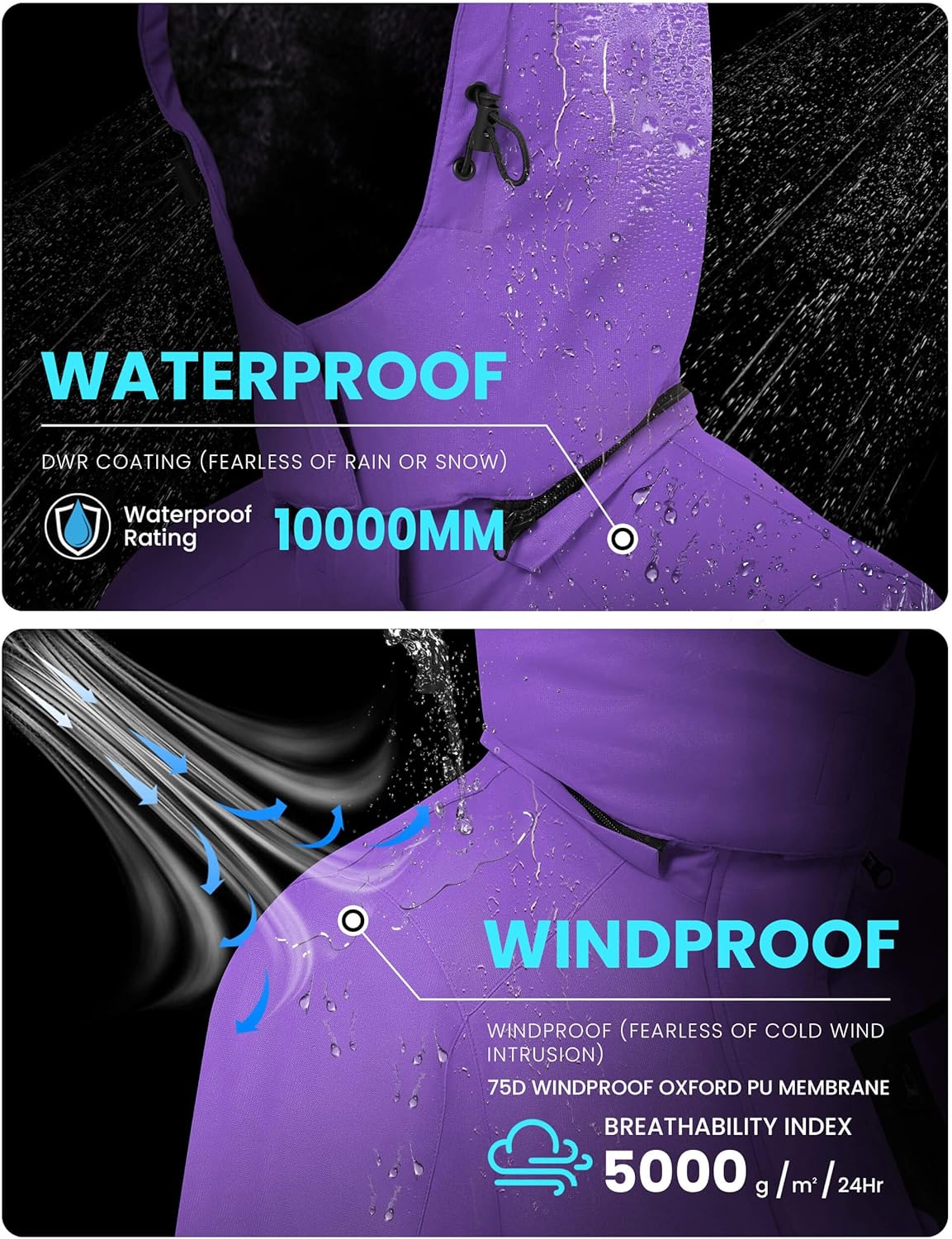 WULFUL Women's Waterproof Ski Jacket Warm Winter Coats Windproof Winter Jackets for Women Fleece Lined Windbreaker with Hood - Image 3