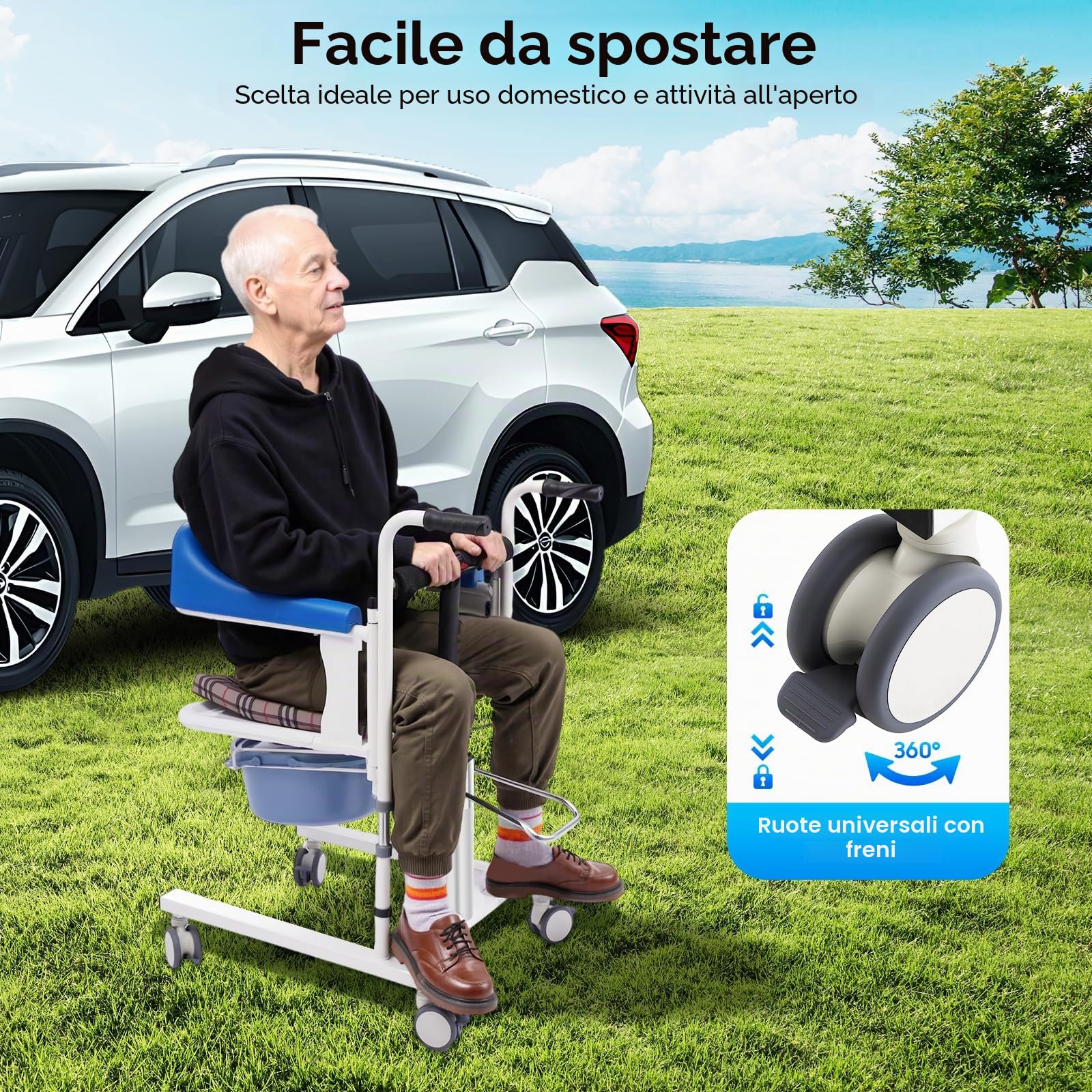 Sedia Sollevamento Idraulica per Trasferimento Pazienti, Stretta 51cm, Portata 90kg, con Ruote e Vasino, Sollevamento manuale 42 – 61 cm, per Anziani e Assistenza Domiciliare