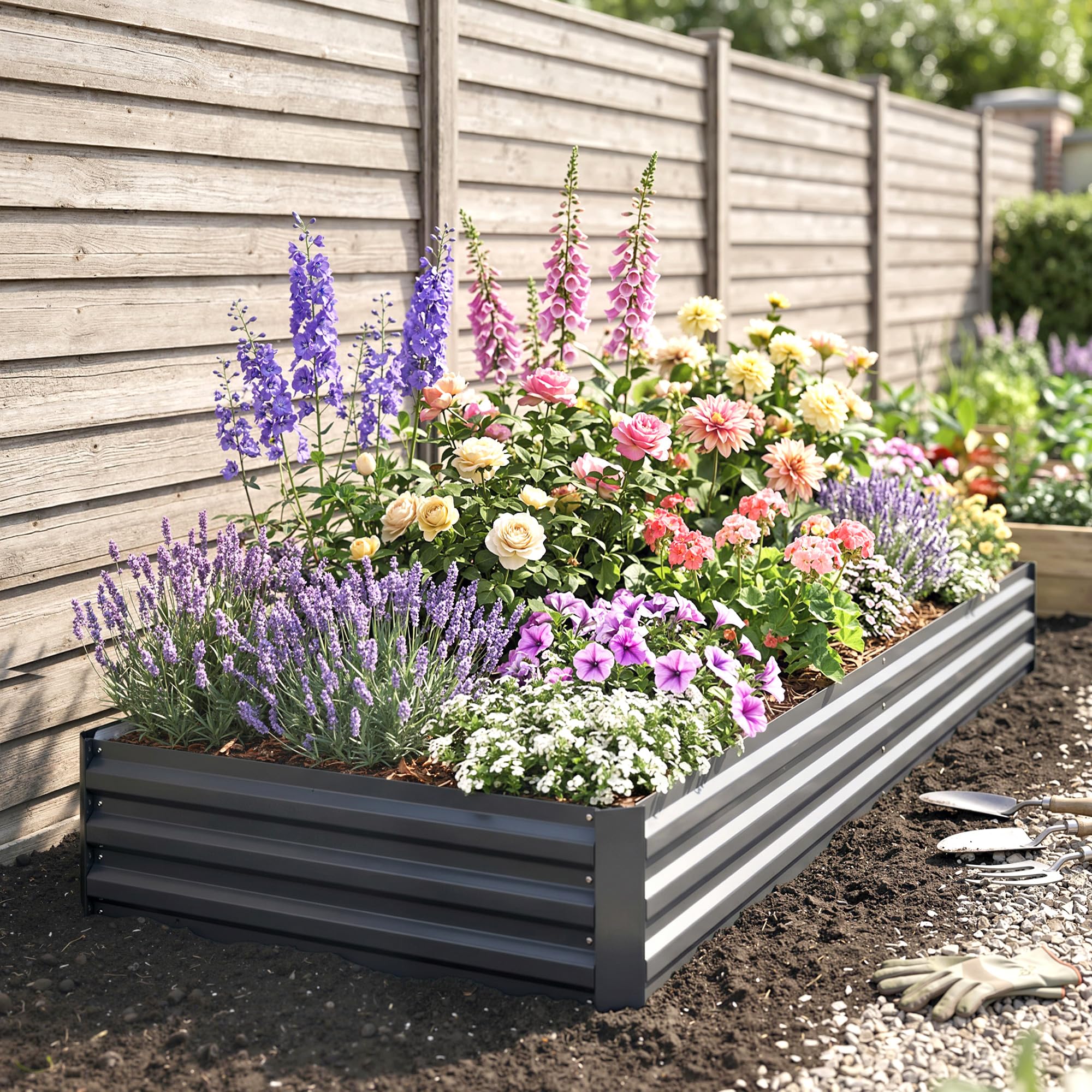 Outsunny Letto per Orto Rialzato da Esterno 628L, Fioriera da Balcone in Acciaio Galvanizzato con Fondo Aperto, per Piante, Fiori e Verdure, 241x90.5x30cm, Grigio