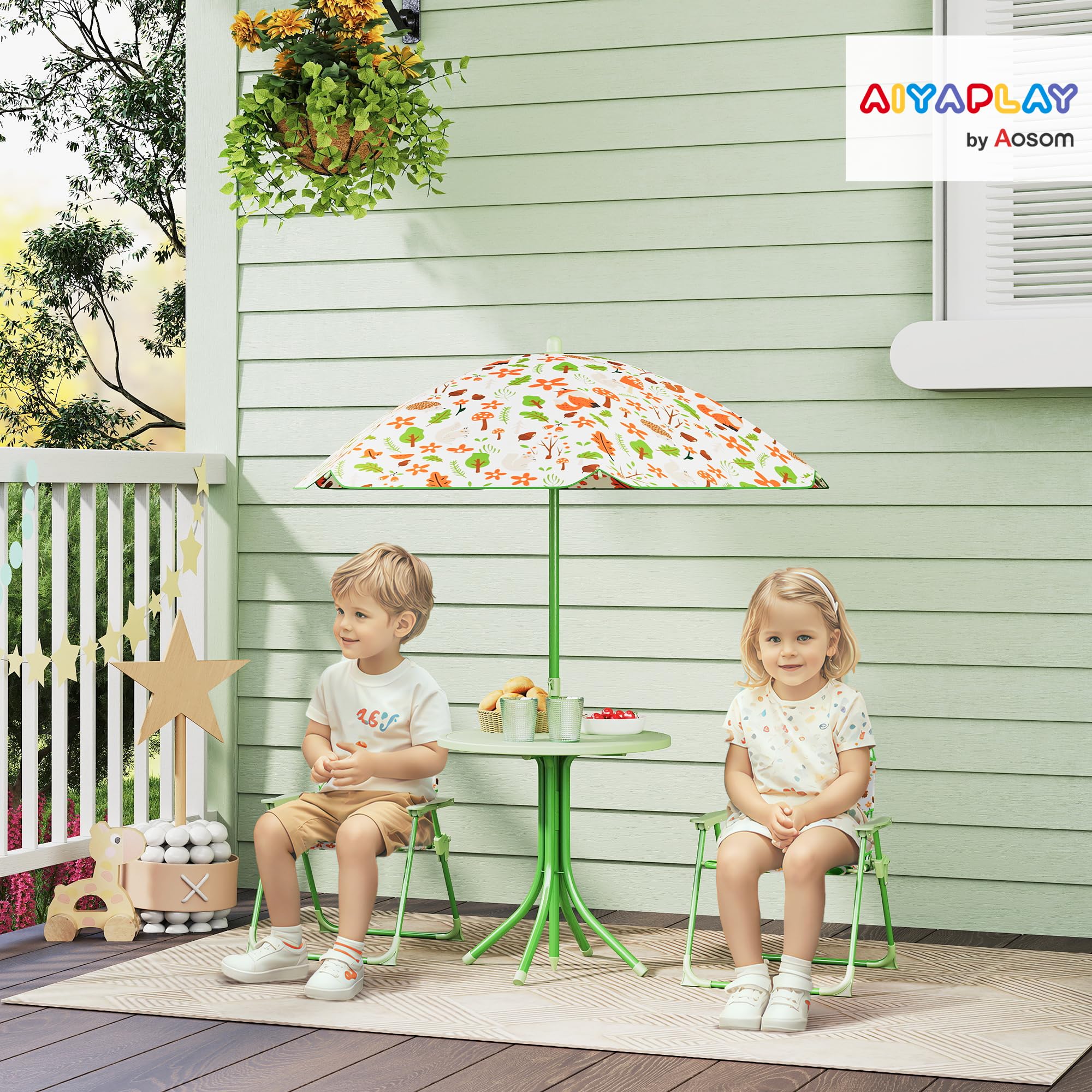 Ensemble Salon Jardin Enfant 4 Pièces AIYAPLAY - Table Et Chaises Pliables Avec Parasol Réglable - Motif Éléphant/Girafe