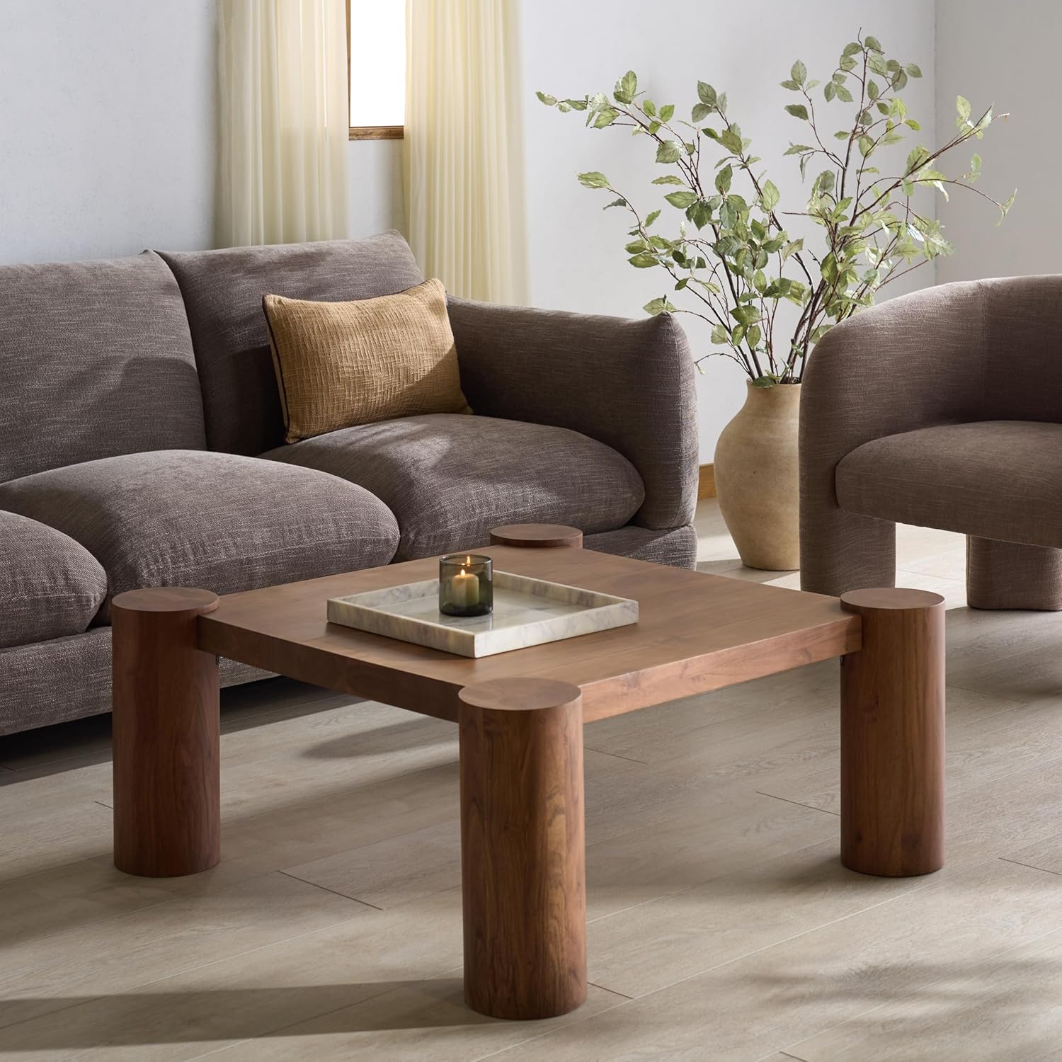 SAFAVIEH Couture Collection - Trescott Solid Wood Square Coffee Table with Chunky Cylinder Legs, Modern Accent Cocktail Table (SFV9763A)