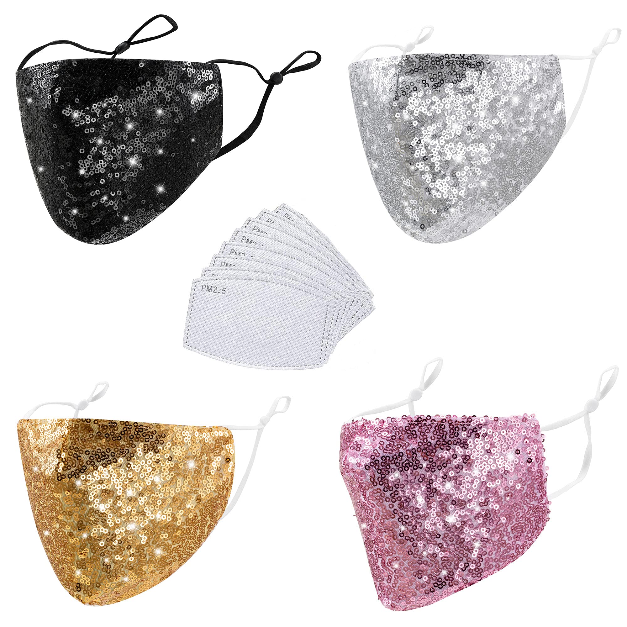 Bling Sequin Fashion Face Mask with 2 Filters for Women Reusable Washable Sparkly Glitter Face Mask with Adjustable Ear Loops