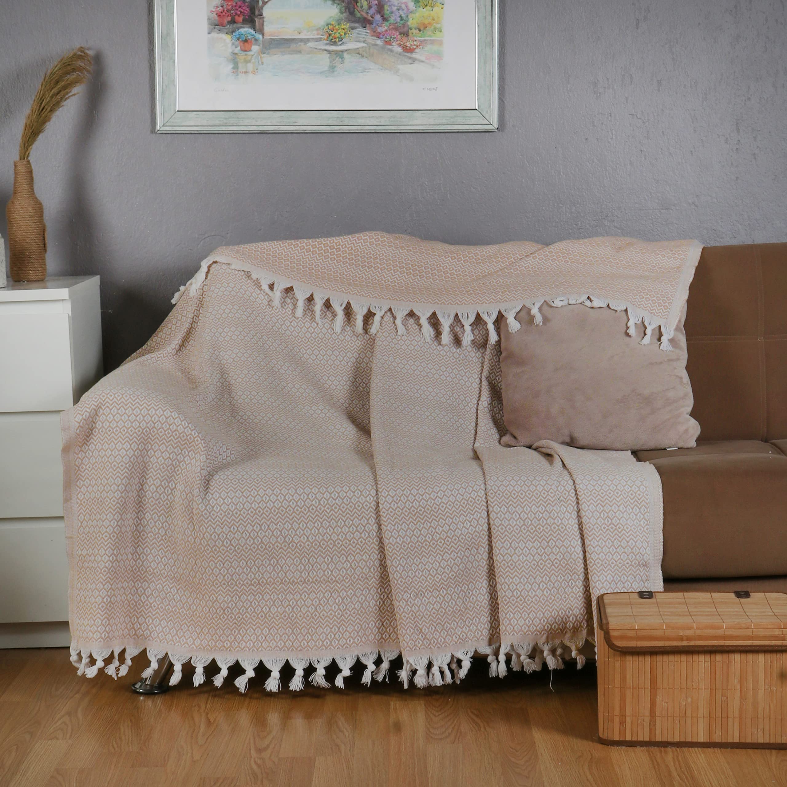 Tuiste Tagesdecke, Baumwolle, Couchüberwurf, Sofadecke, kuschelige TV-Decke, Couchdecke, Sesseldecke, Wendedecke, Bettüberwurf, Couch Überzug, Sommerdecke, Picknickdecke (Sand Beige, 250x265 cm)