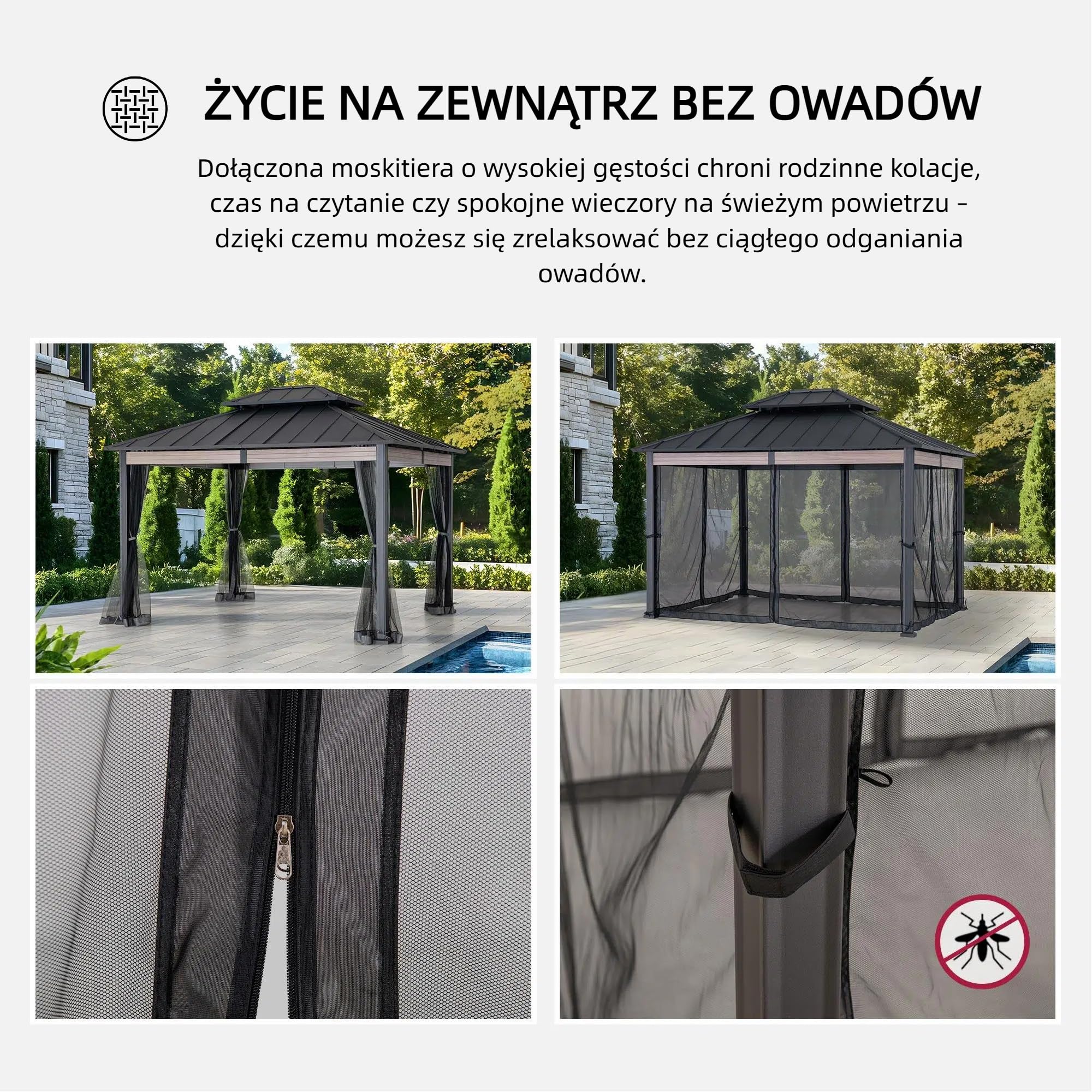 SUNJOY Altana ogrodowy metalowy 3x3,6 m z twardym dachem, dwupoziomowy dach stalowy, z moskitierami i belkami o wyglądzie drewna, odporny na UV, stały pawilon ogrodowy na taras i ogród