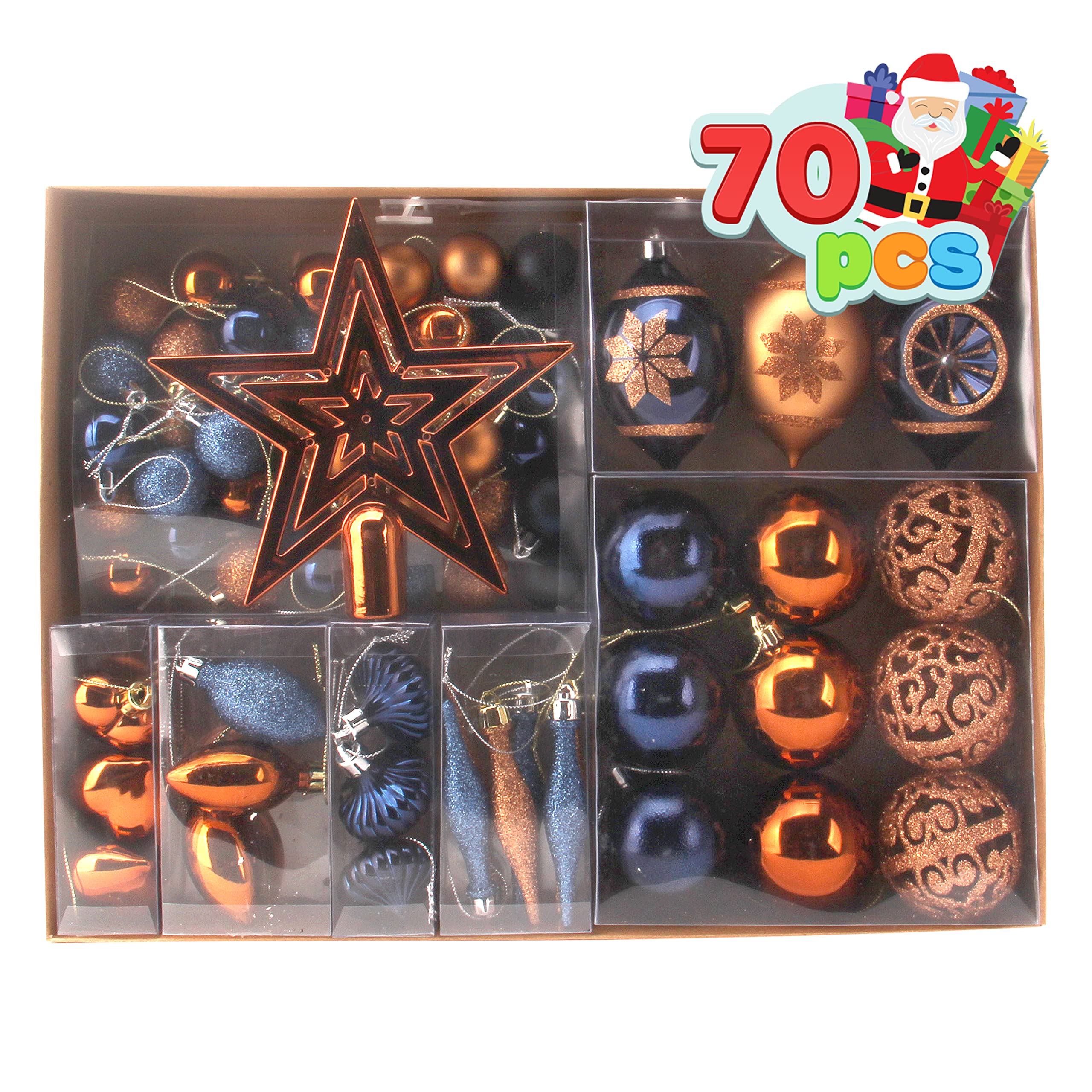 Joiedomi 70Pcs Assorted Christmas Ornaments Set with Ball Ornaments, Star Topper and Heart, Hanging Shatterproof Christmas Ornaments for Holidays and Xmas Tree Ornaments (Blue, Orange and Gold)