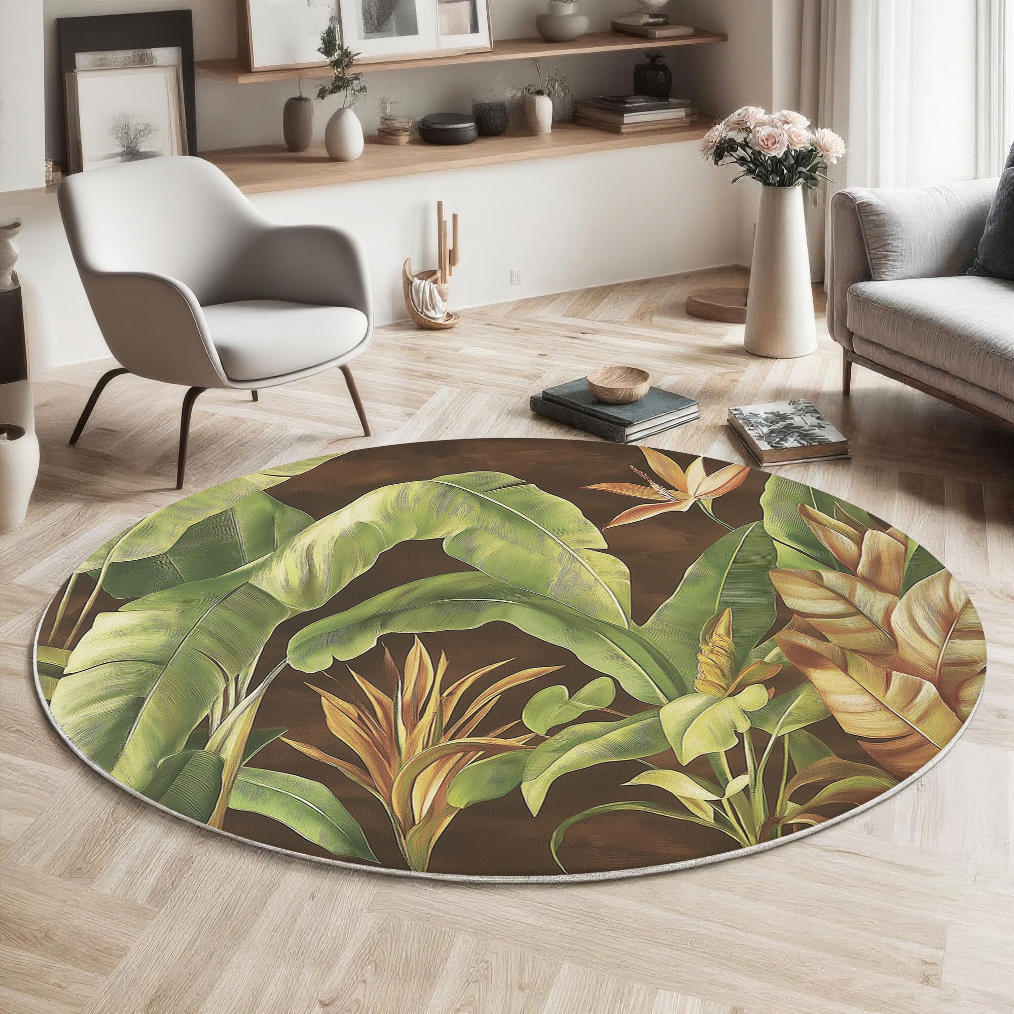 Tapis rond 200cm vert lavable en machine avec dossier antidérapant pour salon et chambre