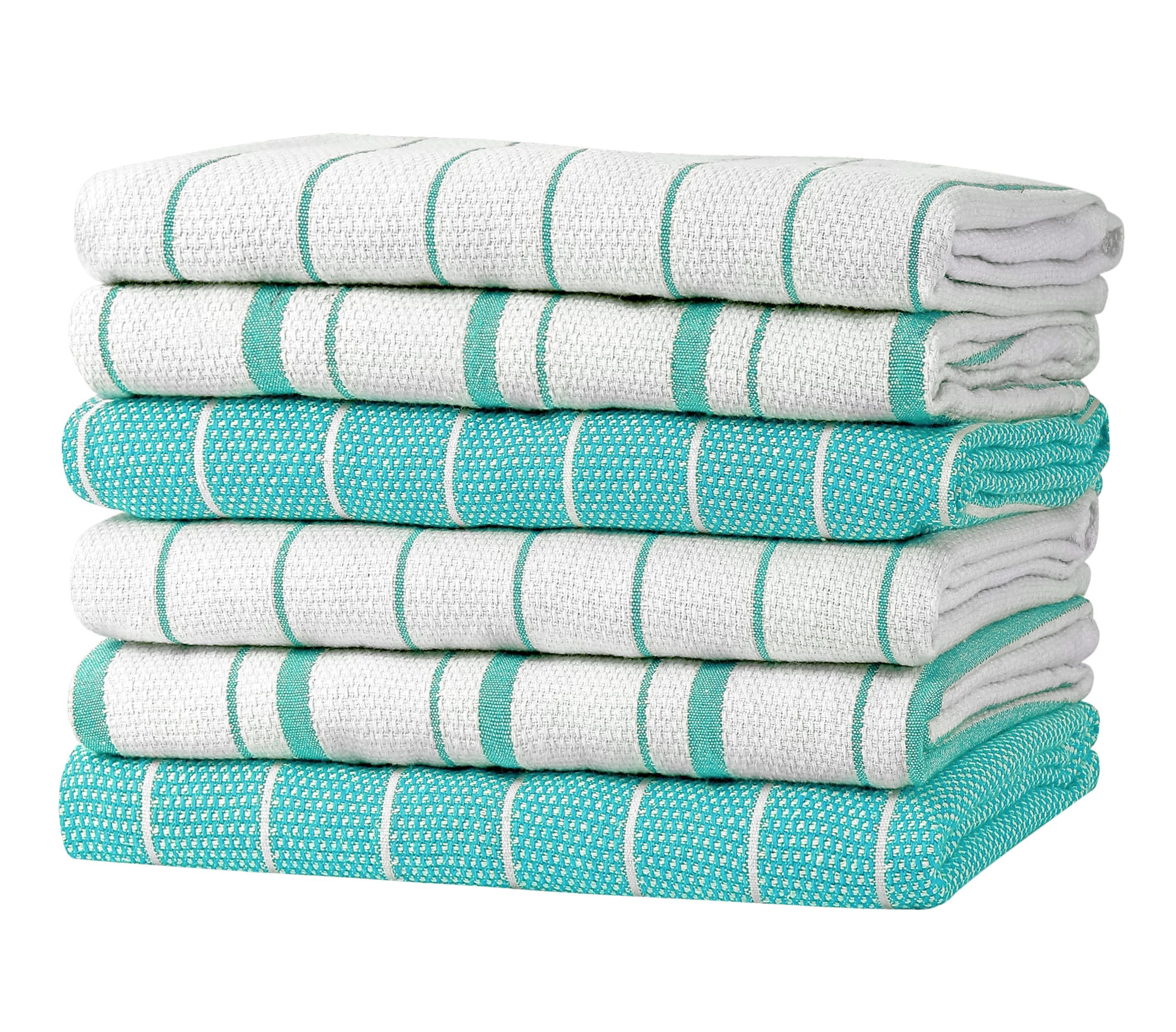 Zeppoli Classic Kitchen Towels - 6 Pack 100% Natural Cotton Towel Set, Reusable Wash Cloths, Absorbent Dish Towels, Machine Washable Hand Towels, Kitchen Essentials, 20" x 28" - Aqua Base