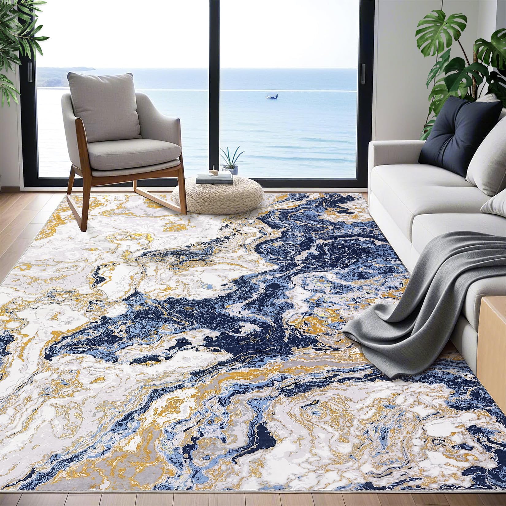 CAROMIO Ultra-Thin 9'x12' Abstract Marble Area Rug, Low Pile Machine Washable Rug Non Slip Modern Marble Rug, Ideal for High Traffic Areas in Living Room Bedroom Kitchen Dining, Blue
