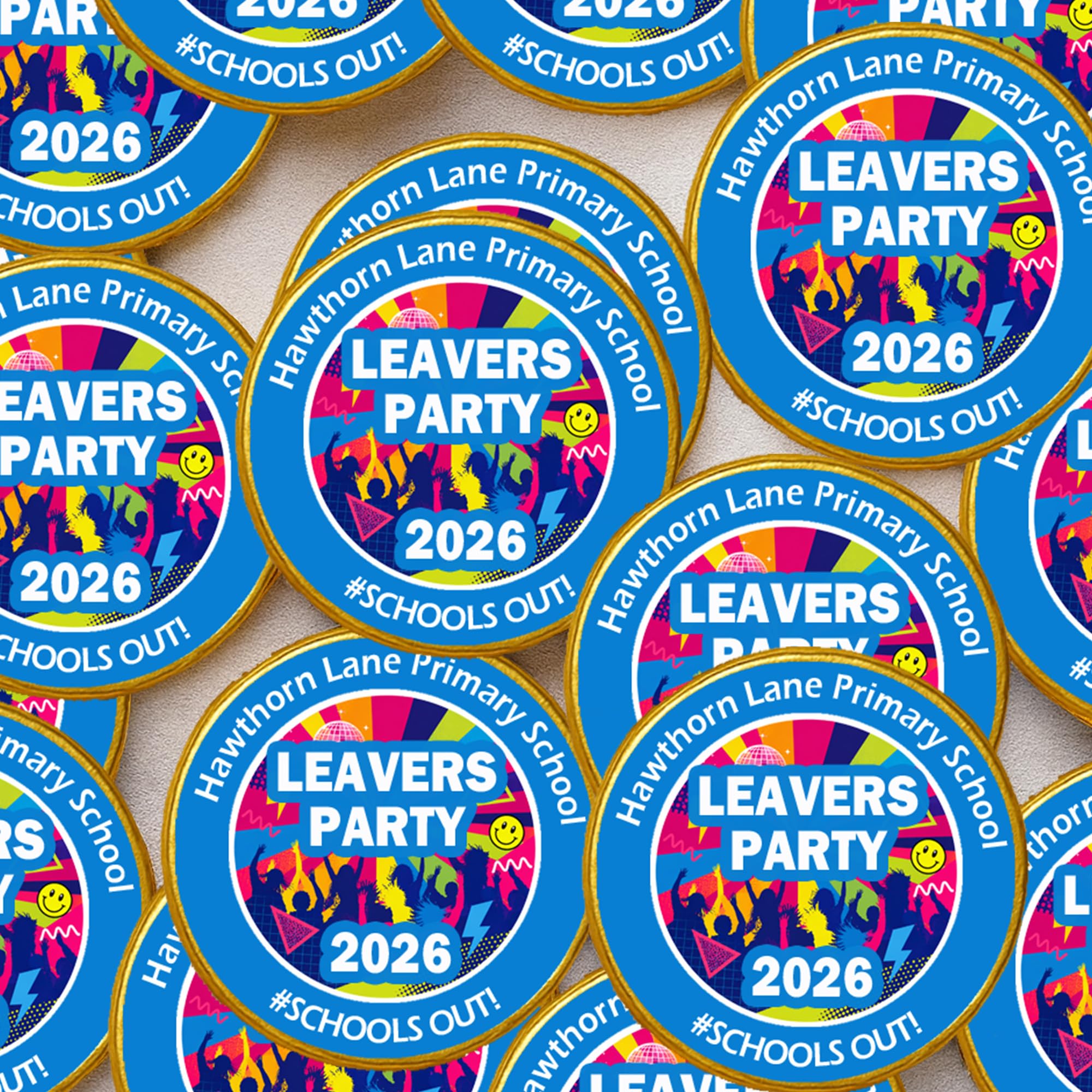 Personalised Class of 26 Leavers Party Stickers – Round Labels for Party Bags, Keepsakes, or Celebration Favours – Memorable Graduation Send-Off - 30 Coins - Blue