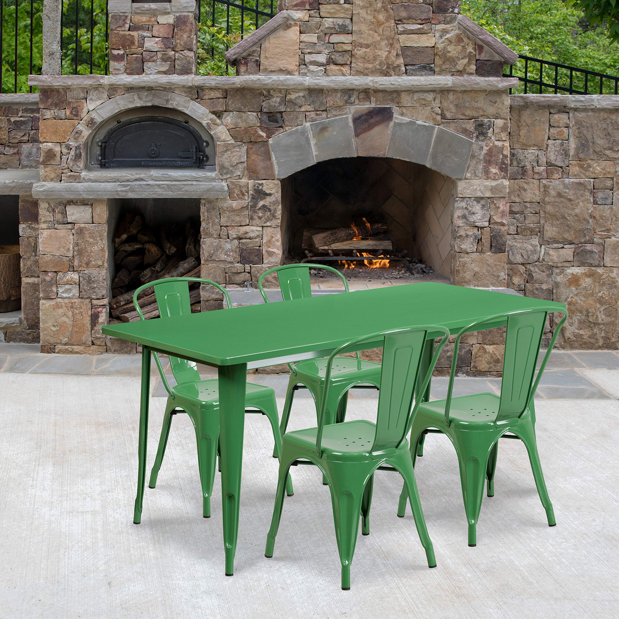 EMMA + OLIVER Commercial Grade Rectangular Green Metal Indoor-Outdoor Table Set-4 Stack Chairs