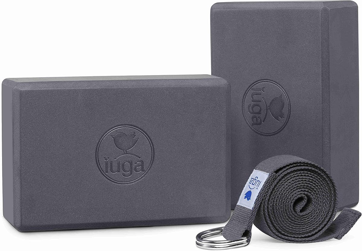 Yoga Blocks 2 Pack With Strap Non Slip High Density 9"x6"x3" Solid & Cork Yoga Block With Yoga Strap to Improve Strength Balance for Yoga Pilates Meditation