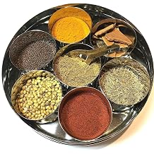 Stainless Steel Indian Round Spices Box, Kitchen Masala Dabba, Spice Organizer with 7 Small Containers - Silver, 6.7 inch