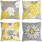 4 Couvertures d'oreillers à lancer, BetterJonny Oreillers Daisy modernes Fleurs jaunes et couvertures d'oreillers décoratifs gris pour le salon Canapé Lit Couch 18 x 18 1 cm