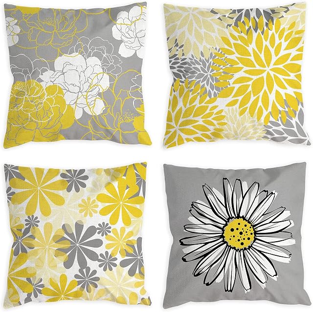 4 Couvertures d'oreillers à lancer, BetterJonny Oreillers Daisy modernes Fleurs jaunes et couvertures d'oreillers décoratifs gris pour le salon Canapé Lit Couch 18 x 18 1 cm