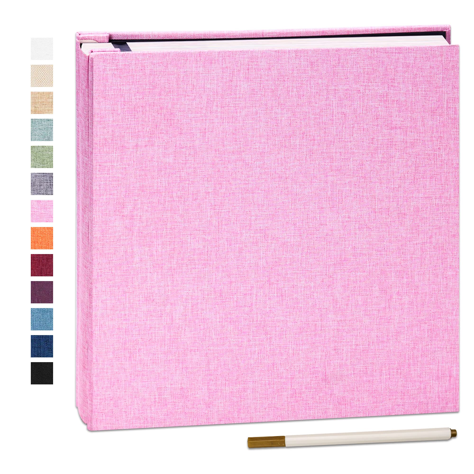 Adhesive Photo Album 28x27cm 20 sheets/40 Pages Self Adhesive Scrapbook for 10x15cm Photos Linen Cover DIY Memory Book Refillable Pages for Wedding Baby Growth Travel Gift with Metallic Pen Pink