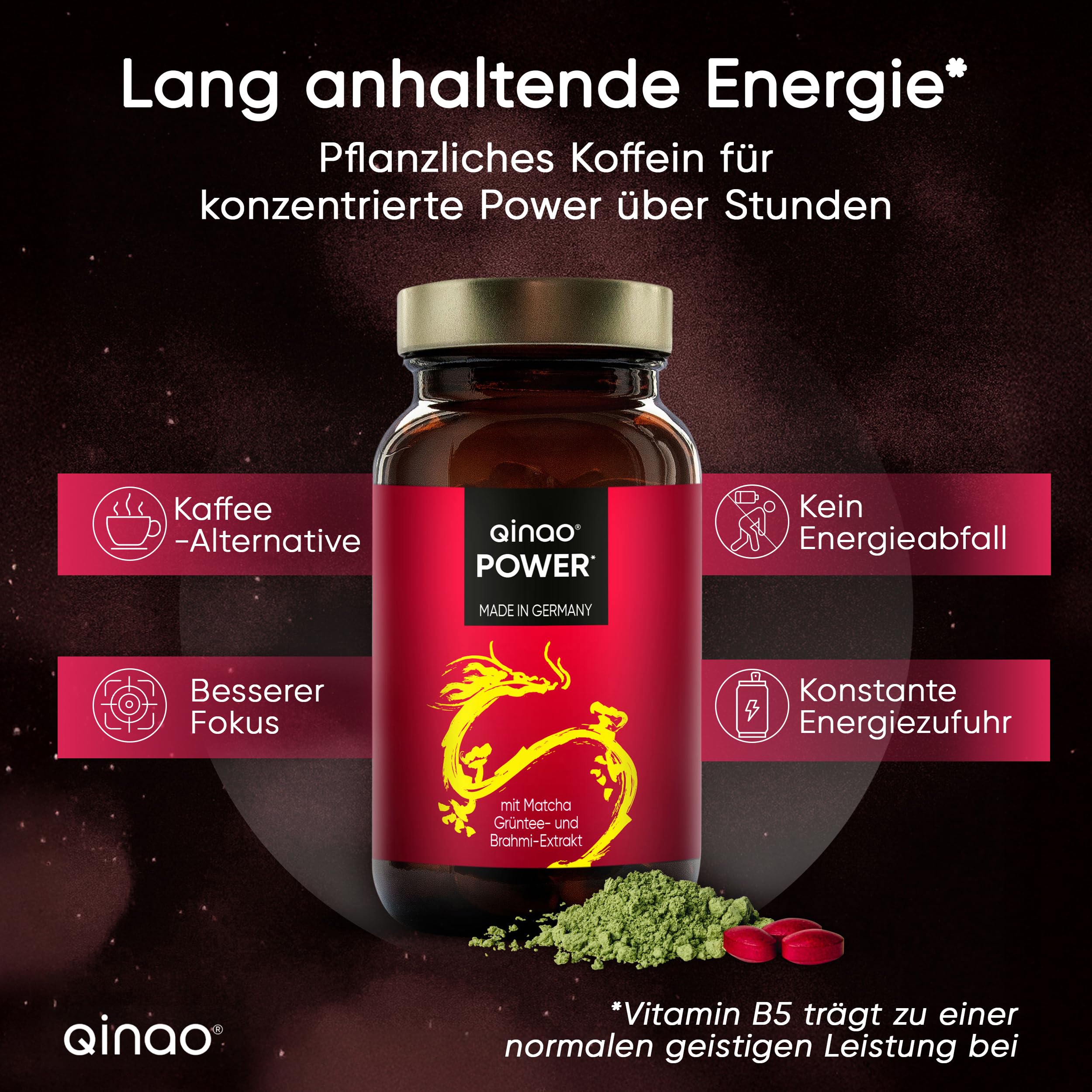 POWER – 90 Kapseln für langanhaltende Energie – Vegane Koffeintabletten mit Matcha, Brahmi & grünen Kaffeebohnen – verhindert Ermüdung – 145 mg Koffein pro Pastille