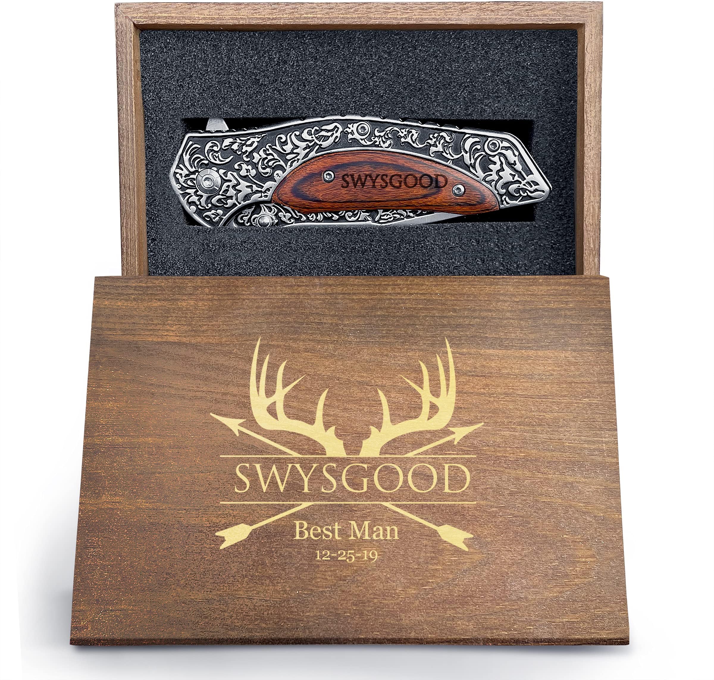Stainless Steel Folding Pocket Knife w/Personailzed Wooden Handle, Personalized Pocket Knife w/Box for Hunting, Camping, Fishing, Hiking, Outdoor Activities