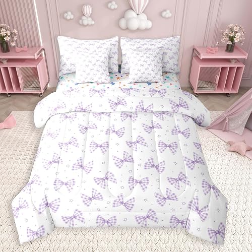 Feelyou Purple Bow Comforter Set Twin Size 7 Pieces for Kids