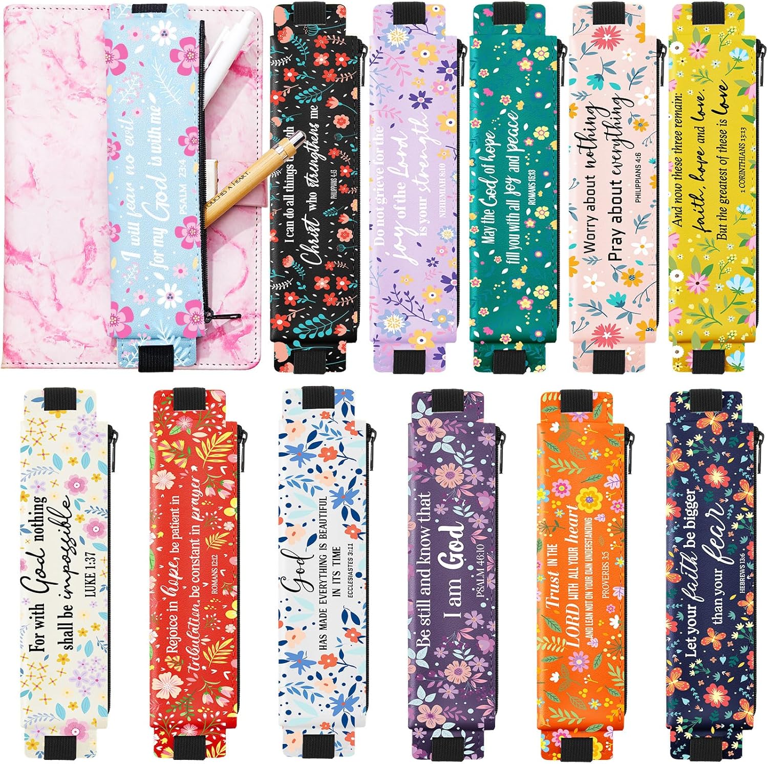 12 Pcs Bible Pencil Pouch Christian Adjustable Pencil Holder Gift Study Supplies Elastic Bible Verse Adjustable Pen Case Detachable PU Leather for Notebook Office Daily Outdoor Activities